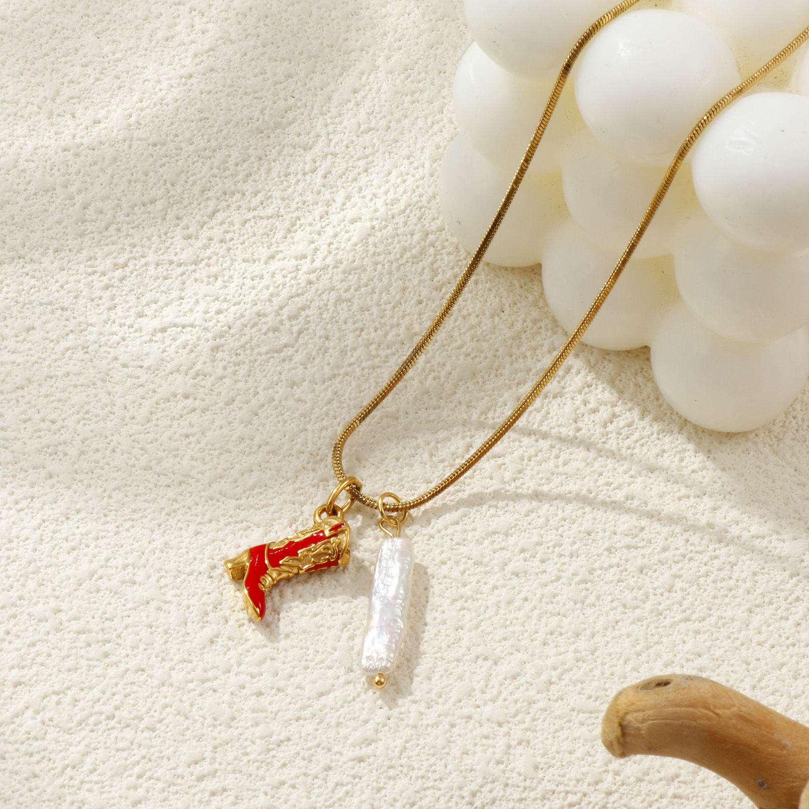 Picture of 18K Real Gold Plated Square Snake Chain Boots Pendant Charm Necklace, 304 Stainless Steel & Natural Pearl 45cm(17.7") + 5cm(2"), For Women, Enamel 3D, West Cowboy Baroque Gift, Eco-friendly PVD Vacuum Plating, 1 Piece