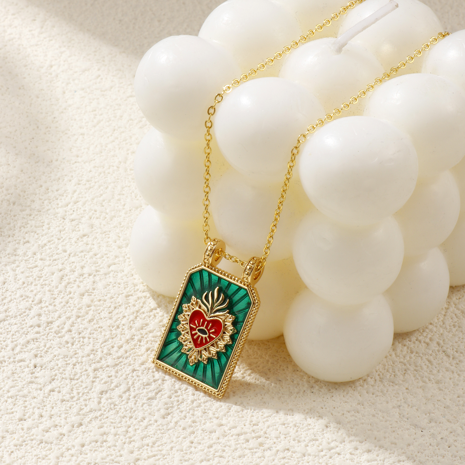 Picture of 18K Real Gold Plated Link Cable Chain Hexagon Pendant Charm Necklace, Brass 46cm(18.1") + 6cm(2.4"), For Women, Ex Voto Heart Enamel Retro Religious Gift, Eco-friendly