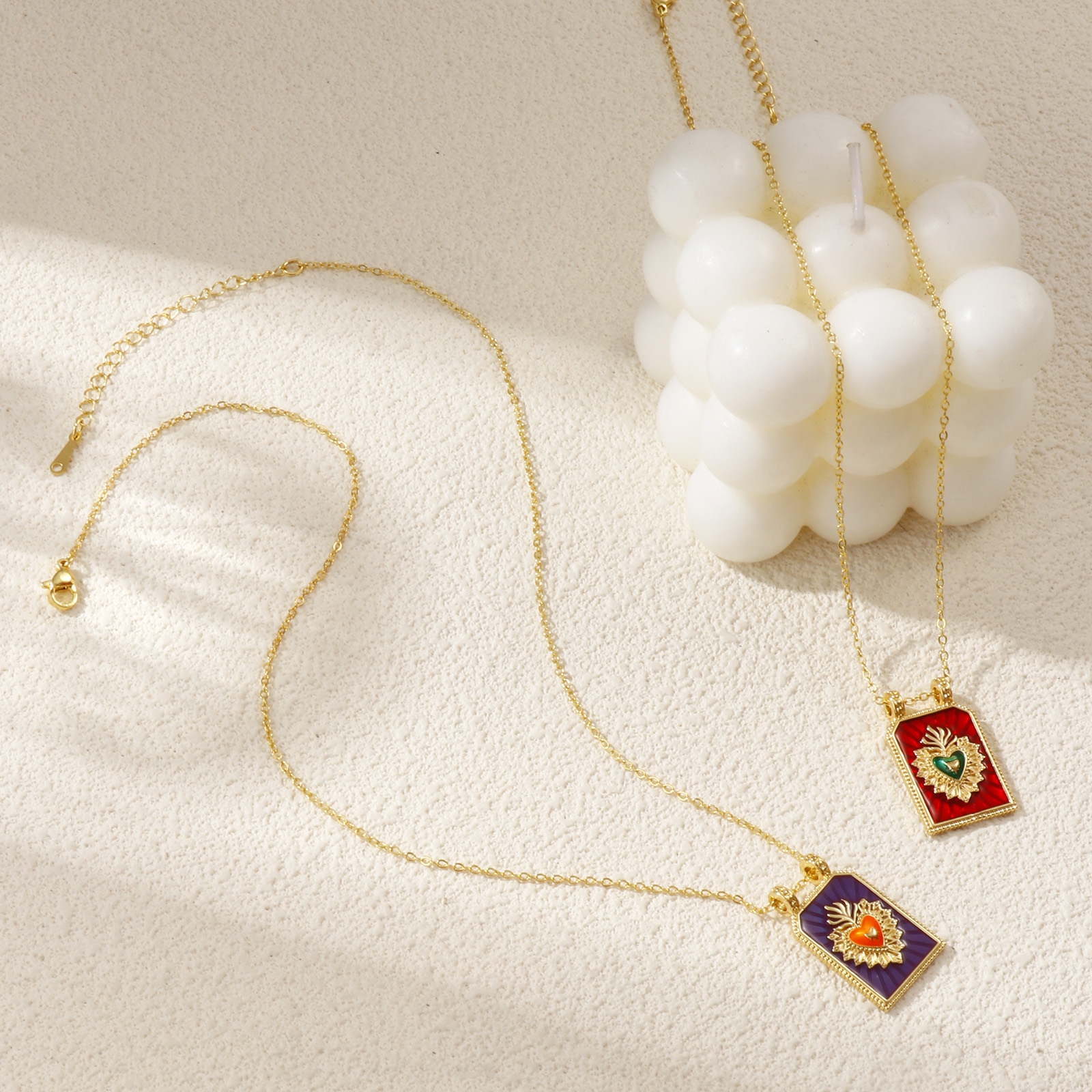 Picture of 18K Real Gold Plated Link Cable Chain Hexagon Pendant Charm Necklace, Brass 46cm(18.1") + 6cm(2.4"), For Women, Ex Voto Heart Enamel Retro Religious Gift, Eco-friendly