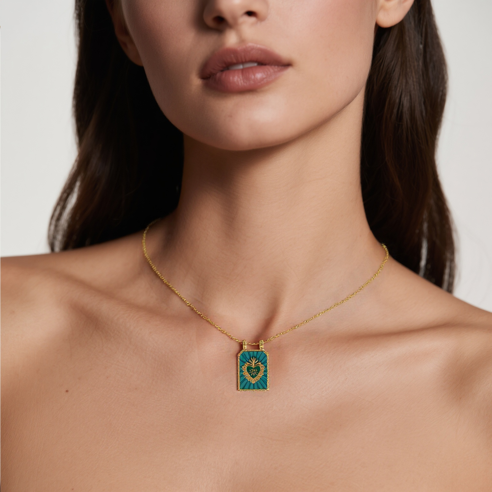 Picture of 18K Real Gold Plated Link Cable Chain Hexagon Pendant Charm Necklace, Brass 46cm(18.1") + 6cm(2.4"), For Women, Ex Voto Heart Enamel Retro Religious Gift, Eco-friendly