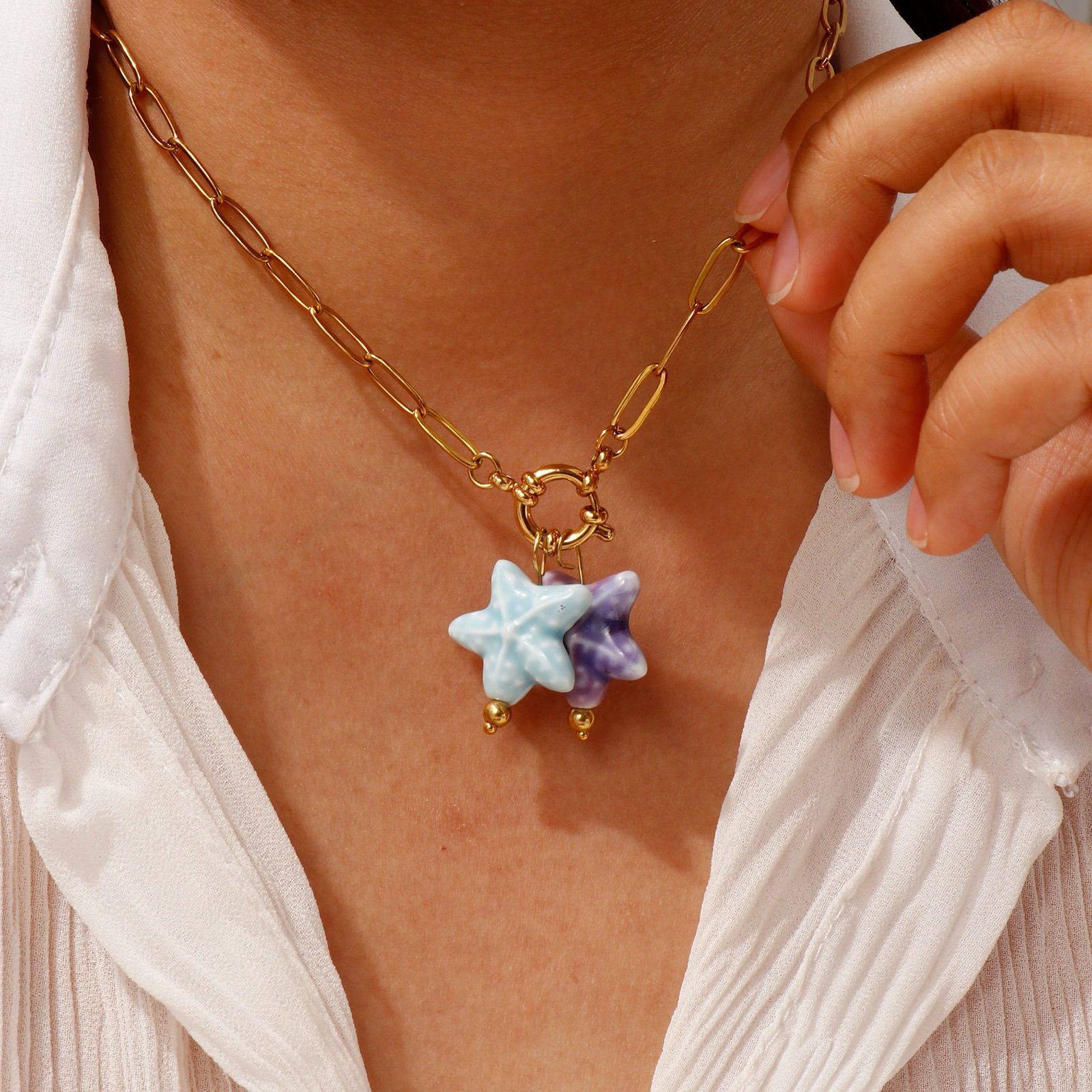 Изображение 18K Real Gold Plated Pendant Charm Necklace, 304 Stainless Steel & Ceramic For Women, 3D, Ocean Jewelry Sweet & Cute Gift, Eco-friendly PVD Vacuum Plating