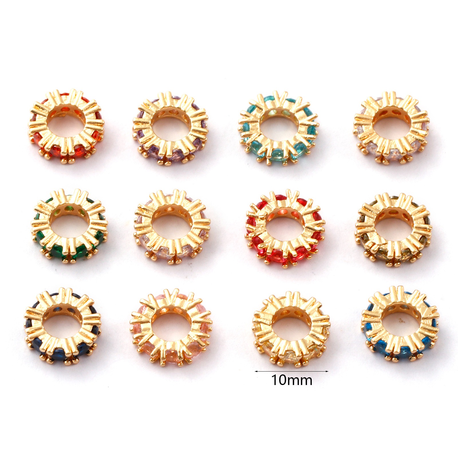 Picture of Eco-friendly Brass Birthstone Spacer Beads For DIY Bracelet Jewelry Making Findings 14K Real Gold Plated Round Multicolour Cubic Zirconia 10mm Dia., Hole: Approx 4.8mm