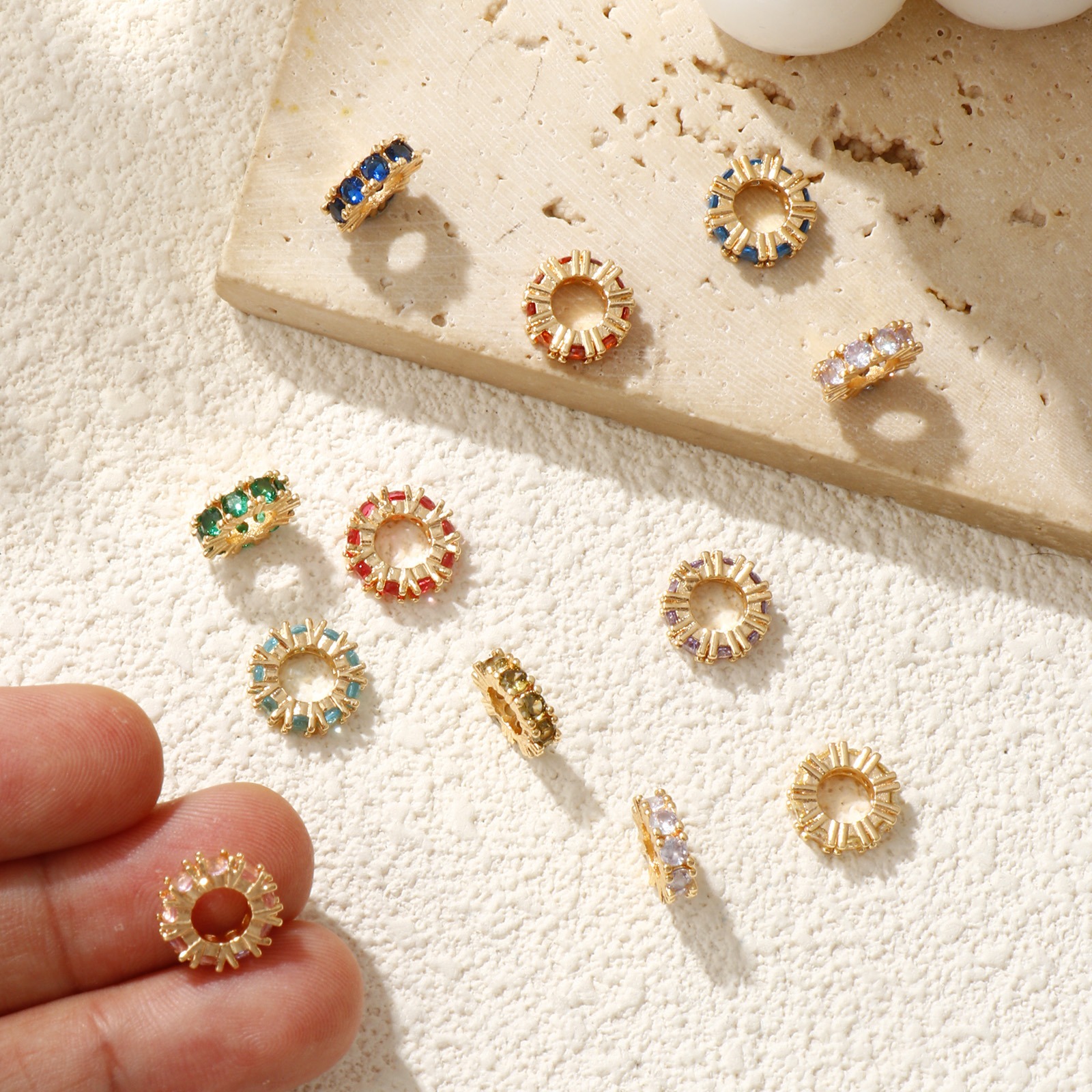 Picture of Eco-friendly Brass Birthstone Spacer Beads For DIY Bracelet Jewelry Making Findings 14K Real Gold Plated Round Multicolour Cubic Zirconia 10mm Dia., Hole: Approx 4.8mm