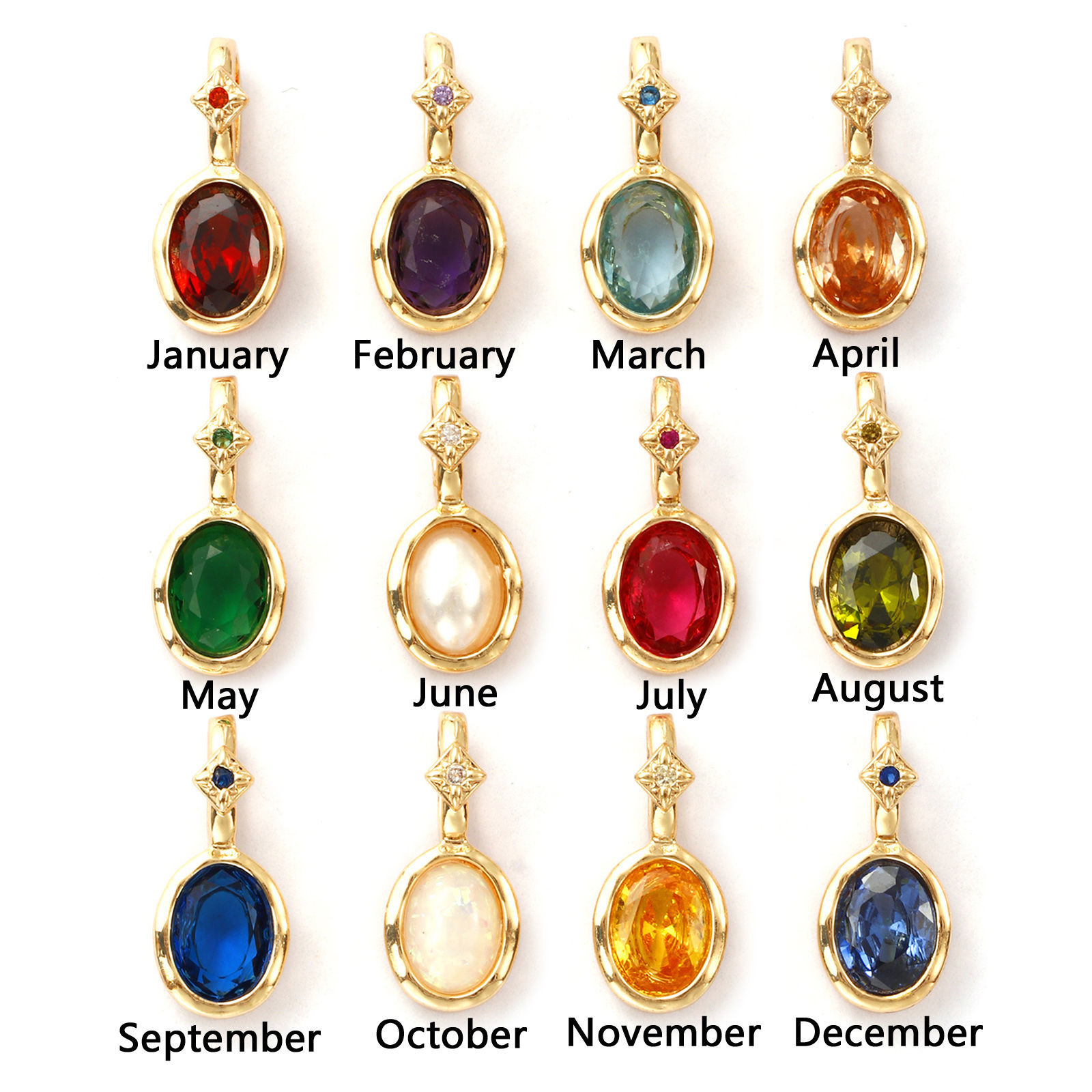 Picture of Eco-friendly Brass & Cubic Zirconia Birthstone Charms 14K Real Gold Plated Oval 18mm x 8mm