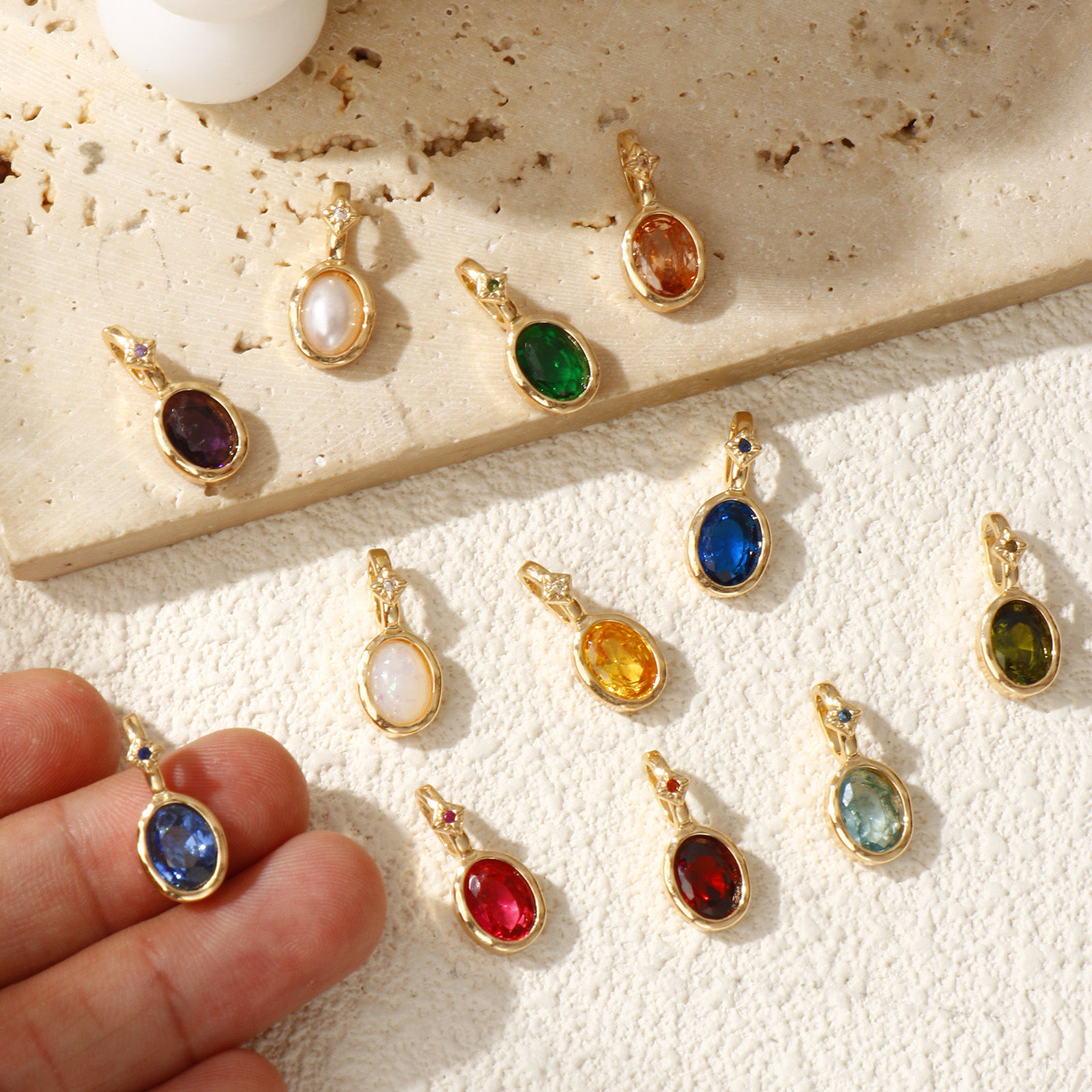 Picture of Eco-friendly Brass & Cubic Zirconia Birthstone Charms 14K Real Gold Plated Oval 18mm x 8mm