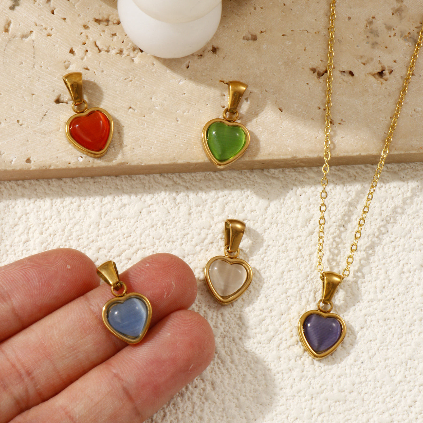 Picture of Eco-friendly PVD Vacuum Plating 304 Stainless Steel Valentine's Day Charm Pendant 18K Real Gold Plated Heart Cat's Eye Imitation 19mm x 10.5mm