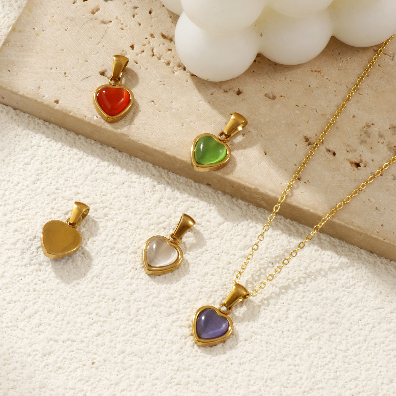 Picture of Eco-friendly PVD Vacuum Plating 304 Stainless Steel Valentine's Day Charm Pendant 18K Real Gold Plated Heart Cat's Eye Imitation 19mm x 10.5mm