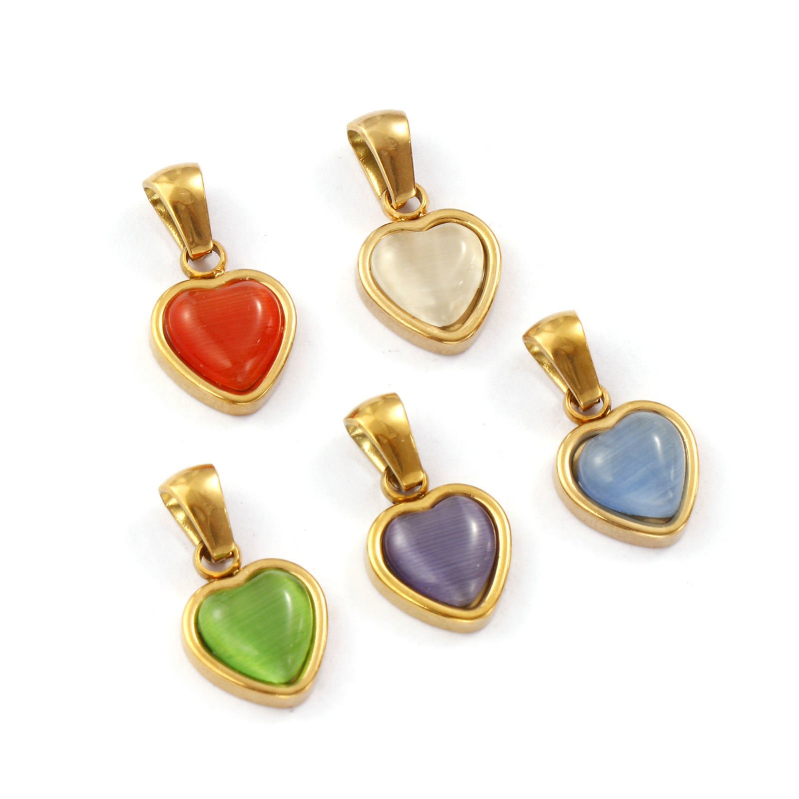 Picture of Eco-friendly PVD Vacuum Plating 304 Stainless Steel Valentine's Day Charm Pendant 18K Real Gold Plated Heart Cat's Eye Imitation 19mm x 10.5mm