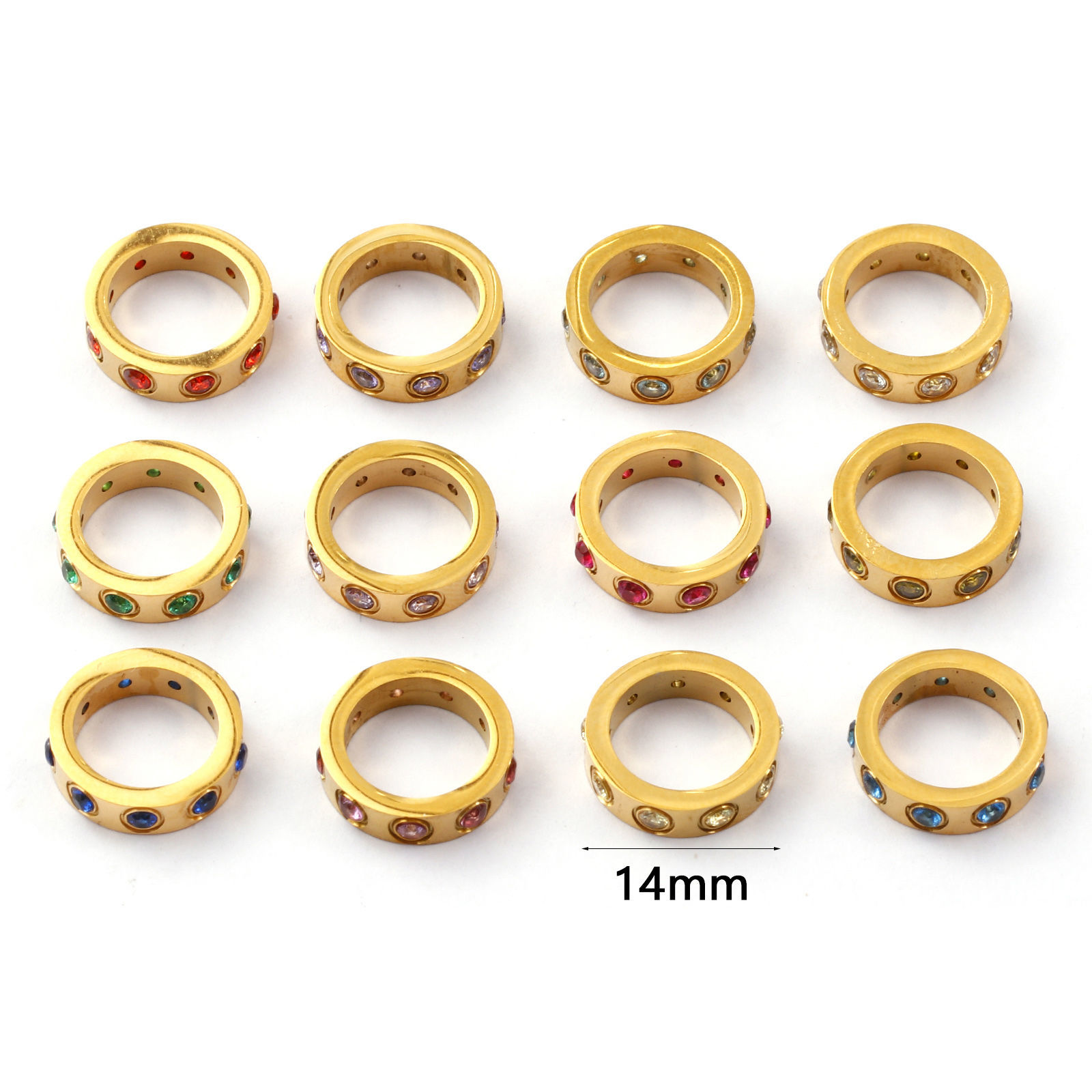 Picture of Eco-friendly PVD Vacuum Plating 304 Stainless Steel & Cubic Zirconia Birthstone Charms 18K Real Gold Plated Circle Ring 14mm Dia.