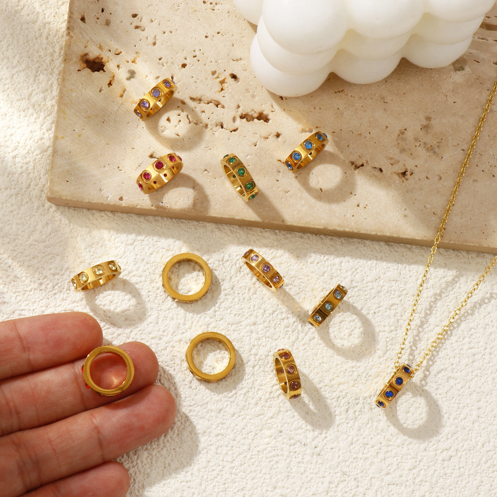 Picture of Eco-friendly PVD Vacuum Plating 304 Stainless Steel & Cubic Zirconia Birthstone Charms 18K Real Gold Plated Circle Ring 14mm Dia.