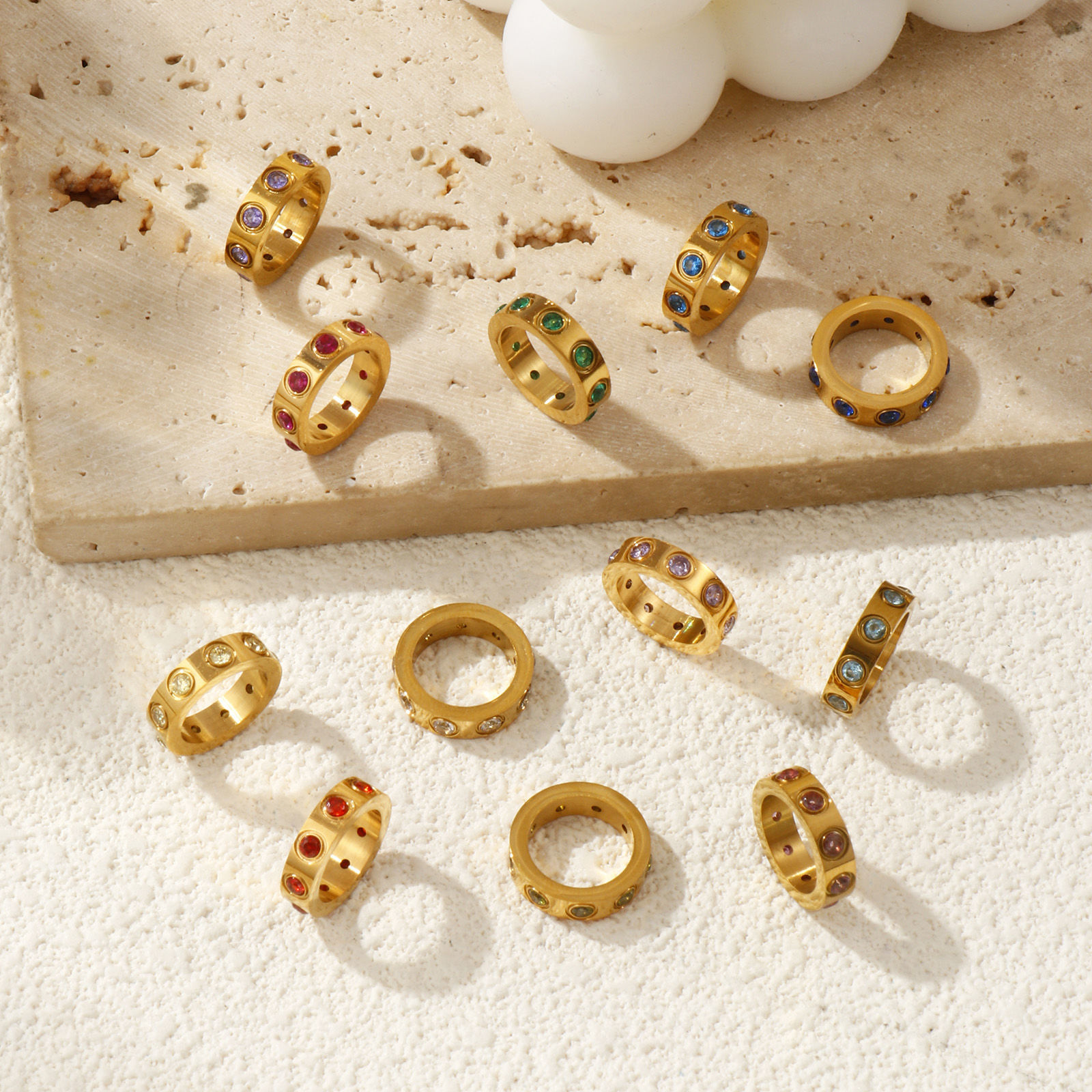 Picture of Eco-friendly PVD Vacuum Plating 304 Stainless Steel & Cubic Zirconia Birthstone Charms 18K Real Gold Plated Circle Ring 14mm Dia.