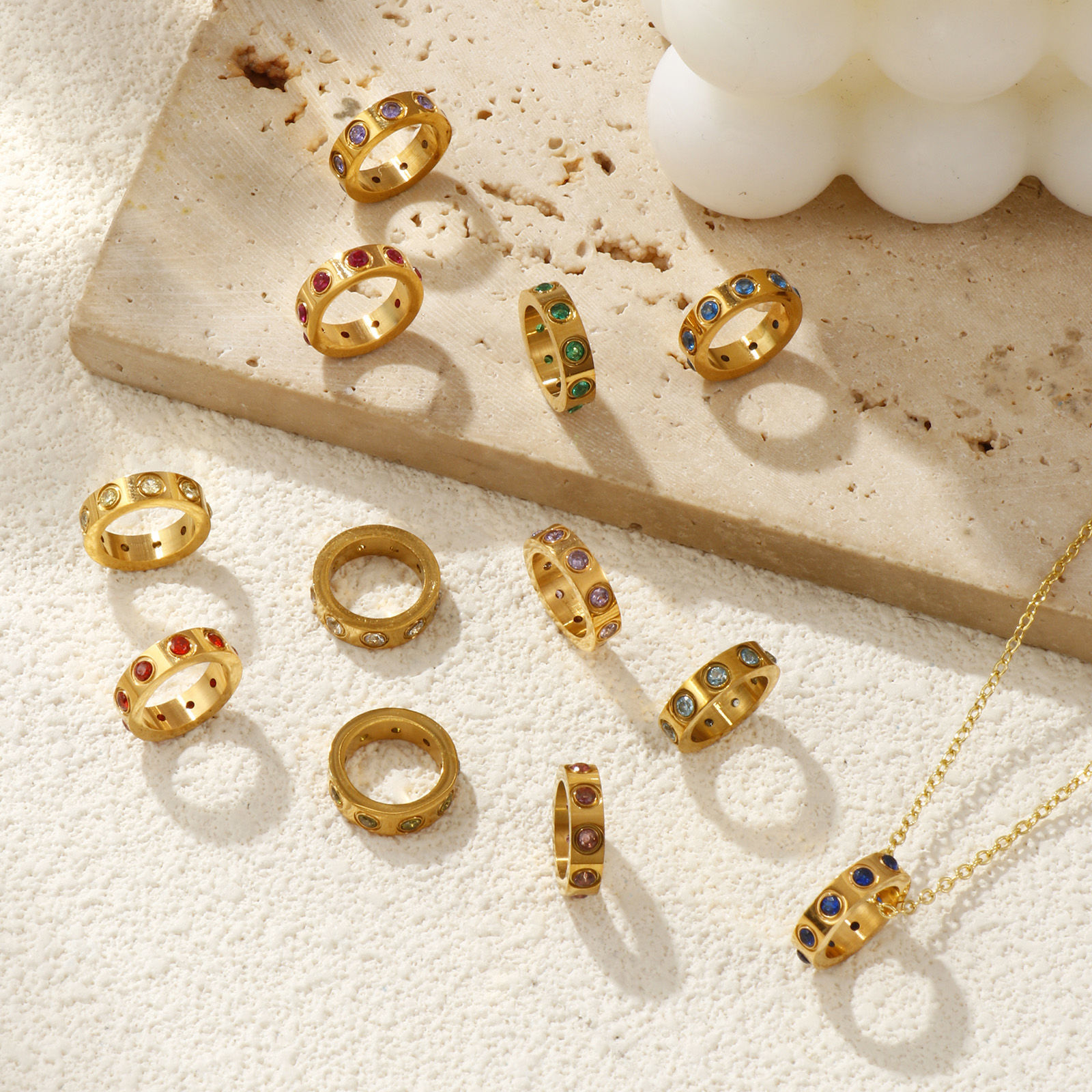 Picture of Eco-friendly PVD Vacuum Plating 304 Stainless Steel & Cubic Zirconia Birthstone Charms 18K Real Gold Plated Circle Ring 14mm Dia.