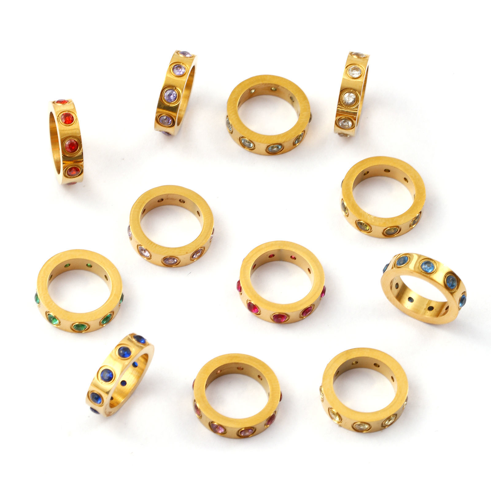 Picture of Eco-friendly PVD Vacuum Plating 304 Stainless Steel & Cubic Zirconia Birthstone Charms 18K Real Gold Plated Circle Ring 14mm Dia.