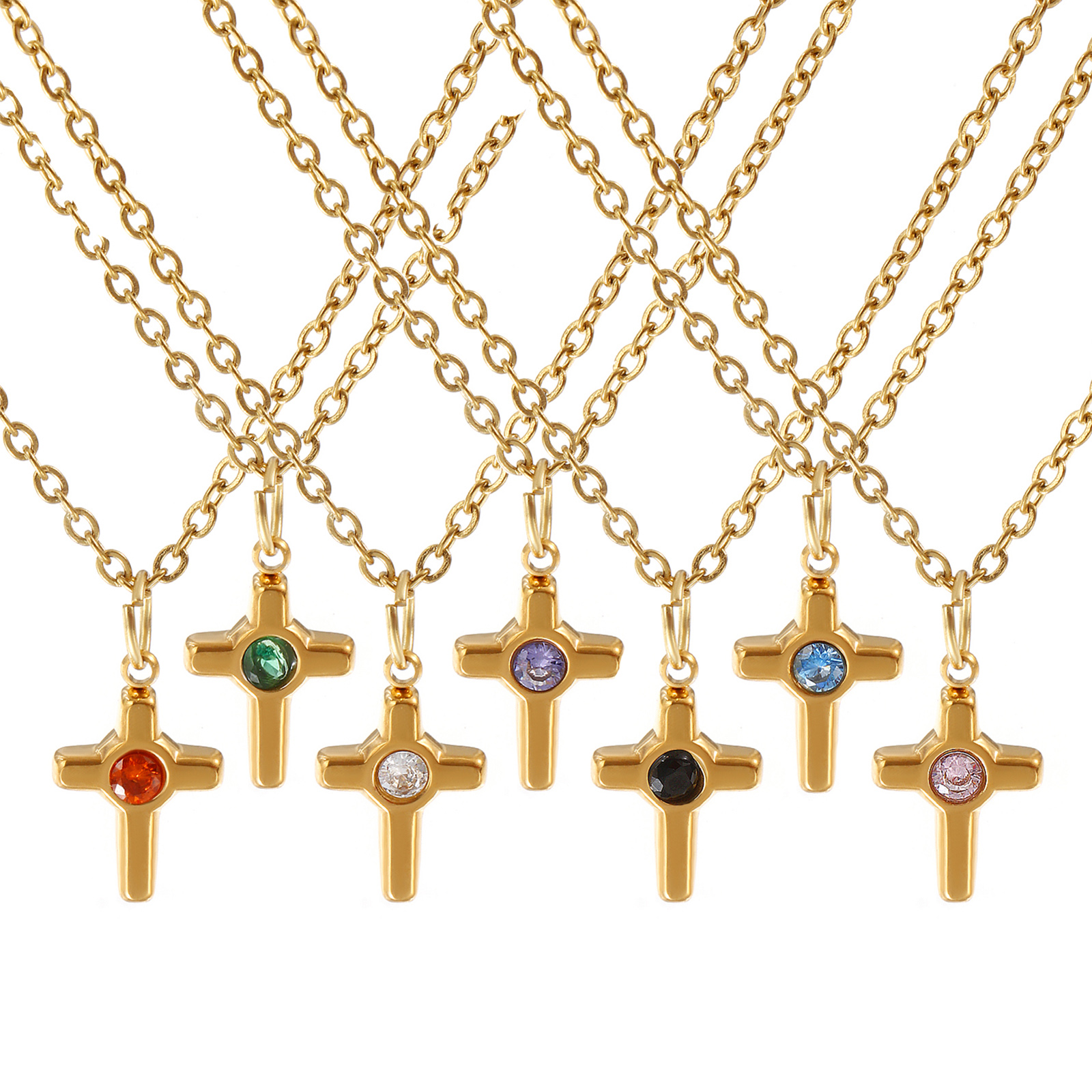 Picture of 18K Real Gold Plated Link Cable Chain Cross Pendant Charm Necklace, 304 Stainless Steel & Rhinestone 45cm(17.7") + 5cm(2"), For Women, Religious Stylish Gift, Eco-friendly PVD Vacuum Plating