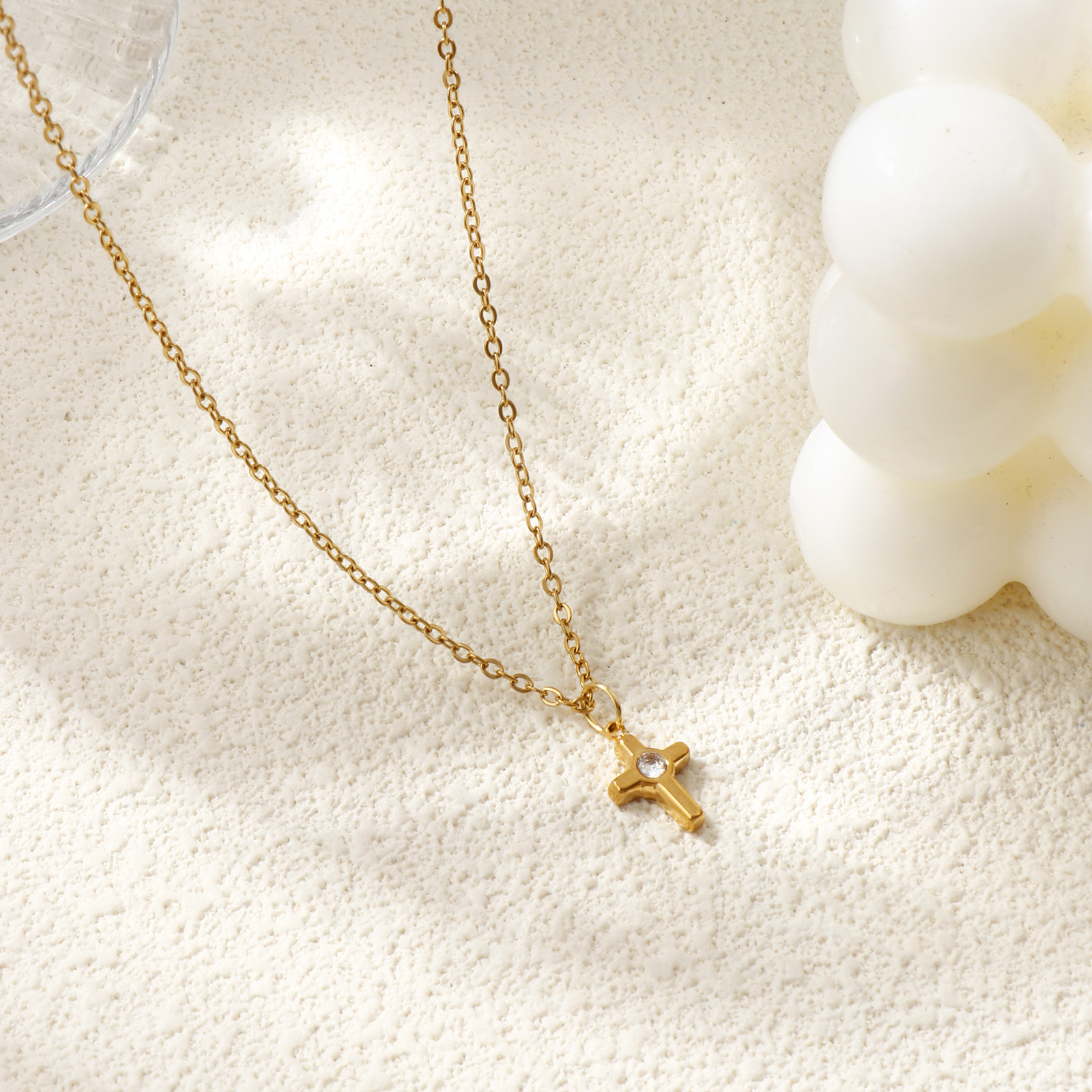 Picture of 18K Real Gold Plated Link Cable Chain Cross Pendant Charm Necklace, 304 Stainless Steel & Rhinestone 45cm(17.7") + 5cm(2"), For Women, Religious Stylish Gift, Eco-friendly PVD Vacuum Plating