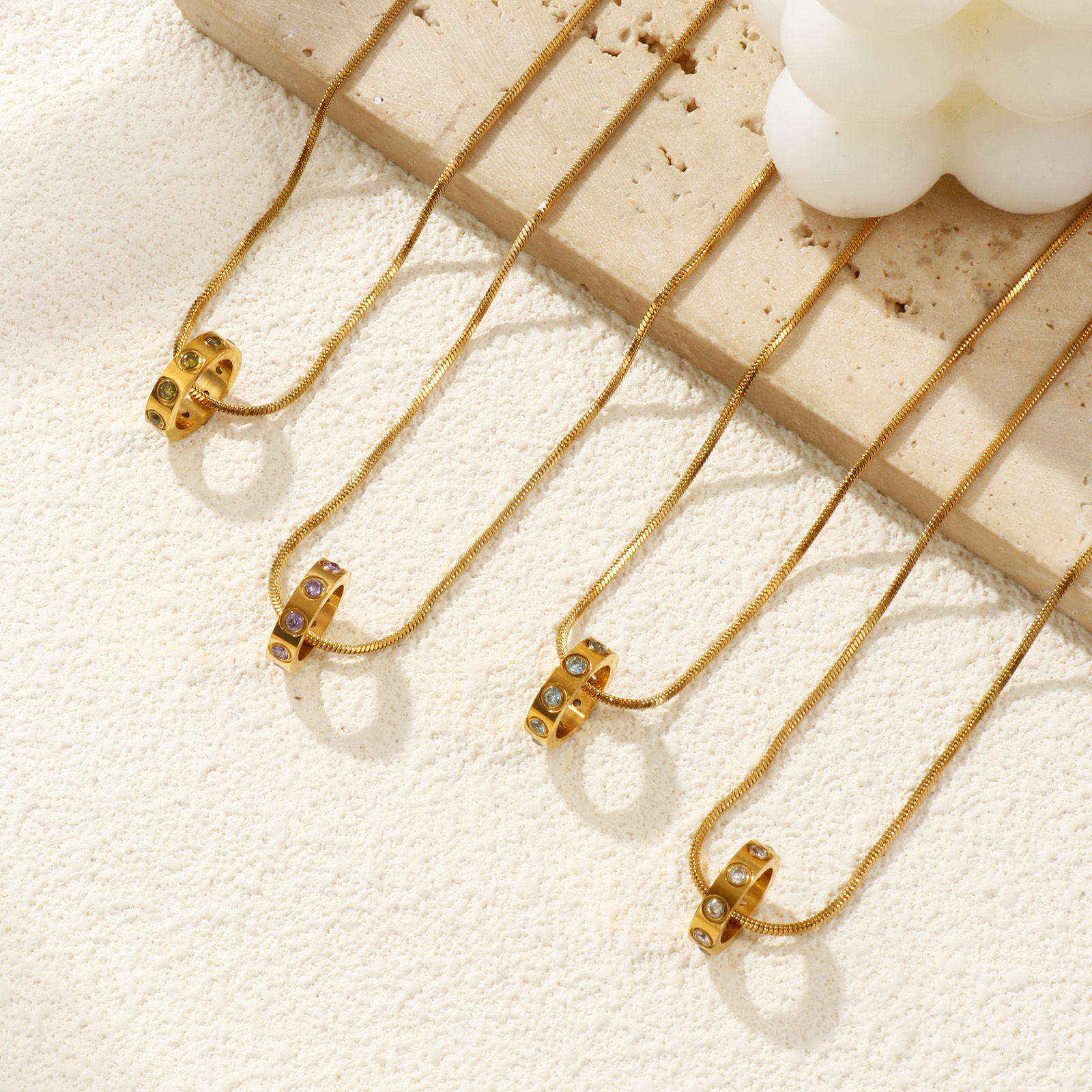 Изображение 18K настоящее золото с покрытием квадратная змеевидная цепь Кольцо Ожерелье с подвеской, 304 Нержавеющая Сталь & Циркон 45см + 5см, Для женщин, Камень рождения Стильный подарок, Экологичное вакуумное PVD-покрытие, 1 ШТ