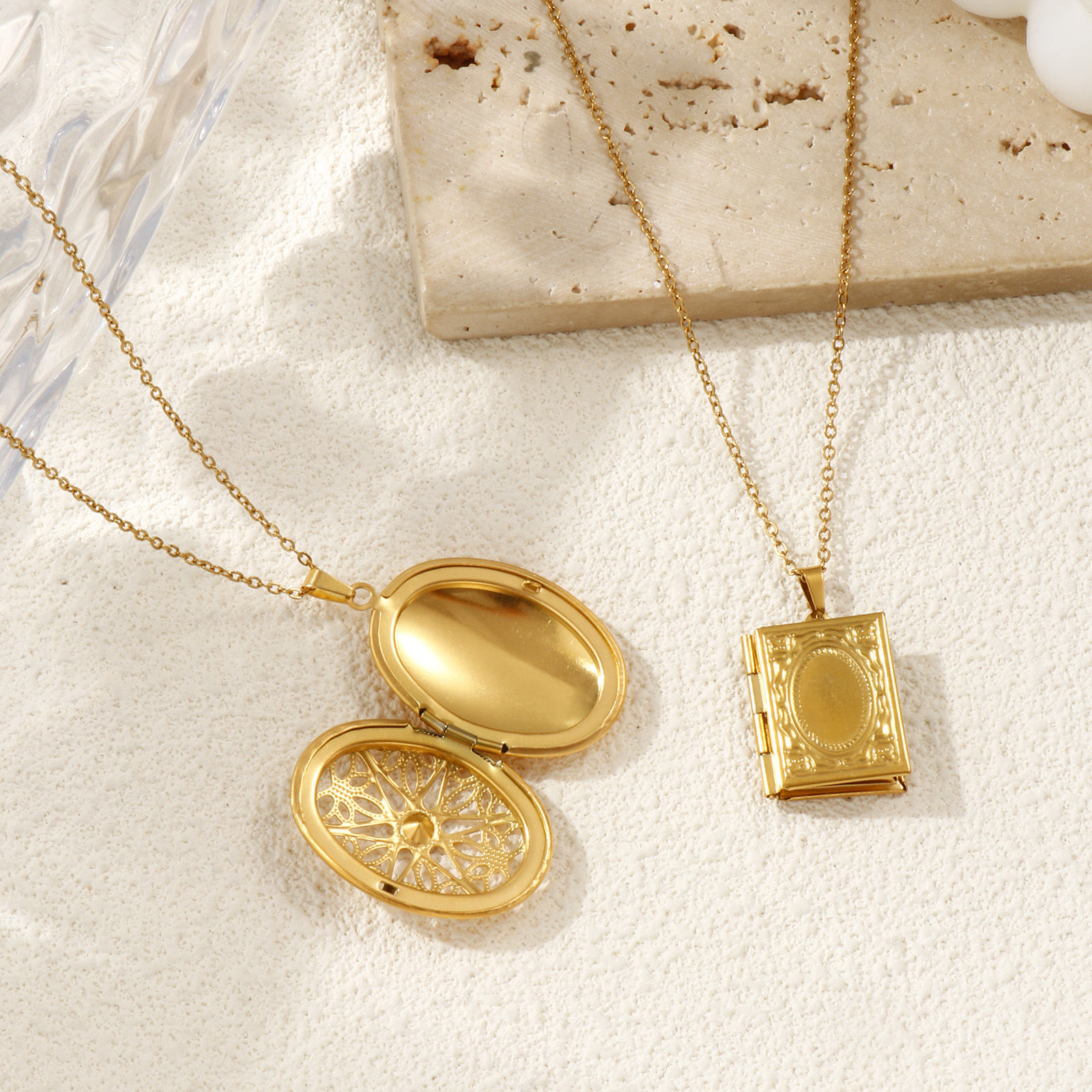 Изображение 18K настоящее золото с покрытием Кабельные Цепи Ожерелье с подвеской, 304 Нержавеющая Сталь 45см + 5см, Для женщин, Можно Открыть, Фоторамка медальон Ретро подарок, Экологичное вакуумное PVD-покрытие, 1 ШТ