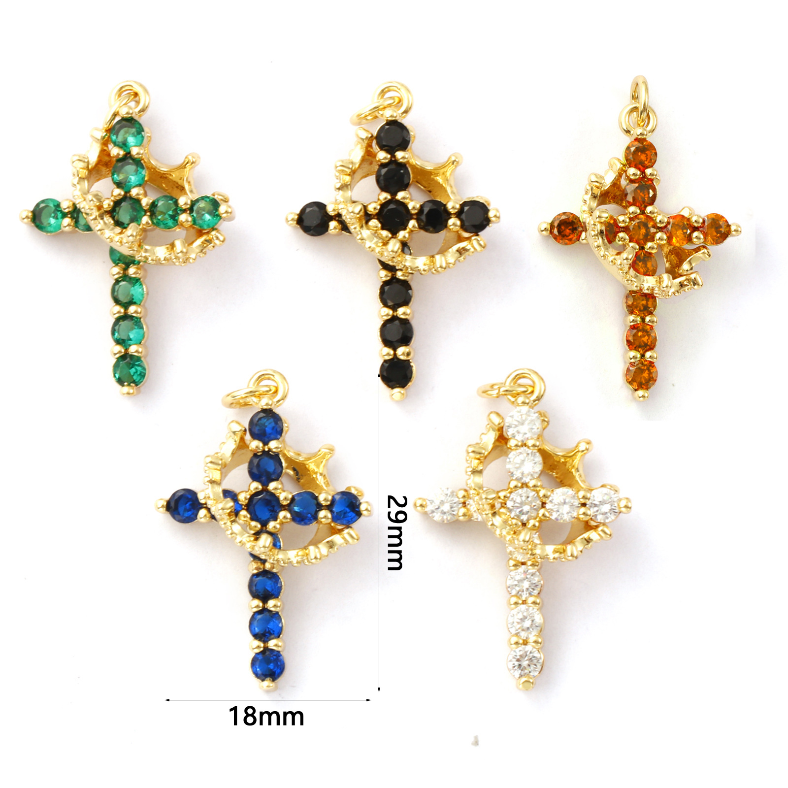 Imagen de 1 Unidad Respetuoso del Medio Ambiente Latón (sin cadmio)+ Circón Artificial Religión Colgantes 18K Oro Real Chapado Cruz Corona Micro Pave 29mm x 18mm