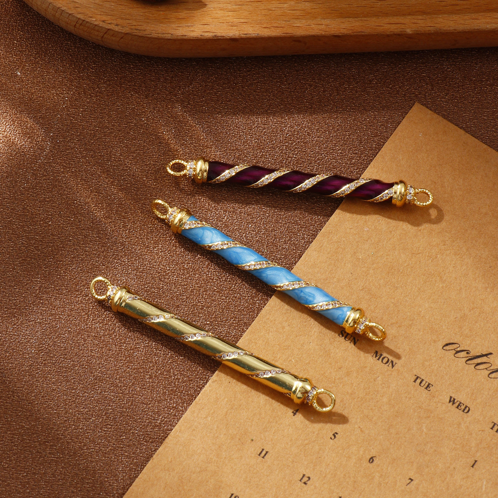 Bild von Umweltfreundlich Messing Steckverbinder Charms Anhänger 18K Echtgold plattiert Zylinder Micro Pave Klar Kubischer Zirkon 6cm x 0.6cm