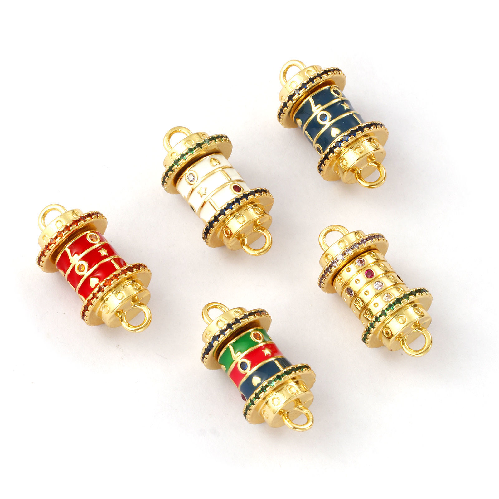 Bild von Umweltfreundlich Messing + Kubisch Zirkonia Valentinstag Steckverbinder Charms Anhänger 18K Echtgold plattiert Emaille Zylinder Umdrehbar 24mm x 12mm