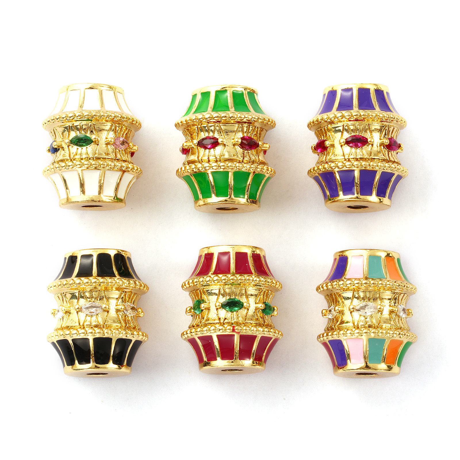 Picture of Eco-friendly Brass & Cubic Zirconia Beads For DIY Jewelry Making 18K Real Gold Plated Drum Enamel 19mm x 16mm, Hole: Approx 3mm