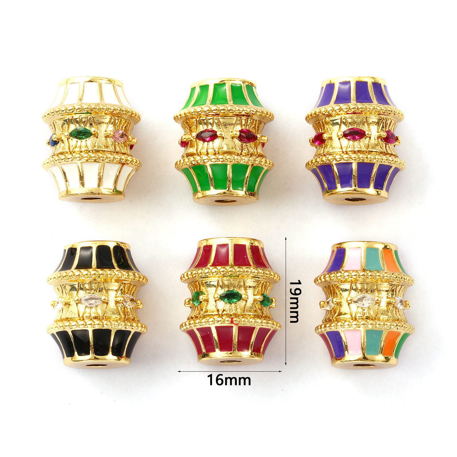 Picture of Eco-friendly Brass & Cubic Zirconia Beads For DIY Jewelry Making 18K Real Gold Plated Drum Enamel 19mm x 16mm, Hole: Approx 3mm