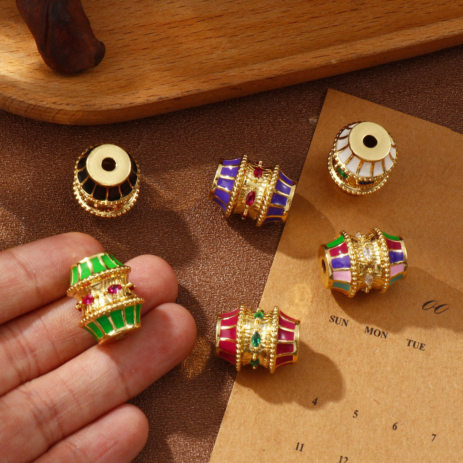 Picture of Eco-friendly Brass & Cubic Zirconia Beads For DIY Jewelry Making 18K Real Gold Plated Drum Enamel 19mm x 16mm, Hole: Approx 3mm