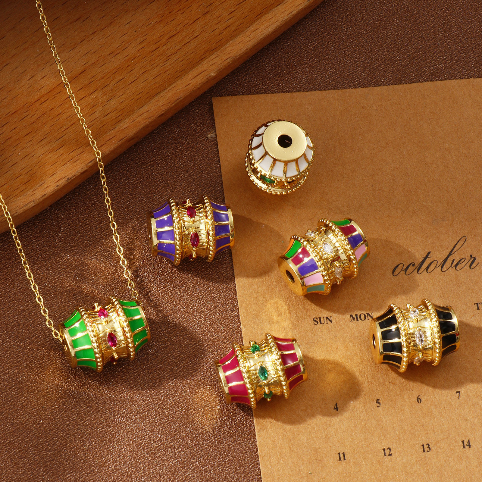 Picture of Eco-friendly Brass & Cubic Zirconia Beads For DIY Jewelry Making 18K Real Gold Plated Drum Enamel 19mm x 16mm, Hole: Approx 3mm