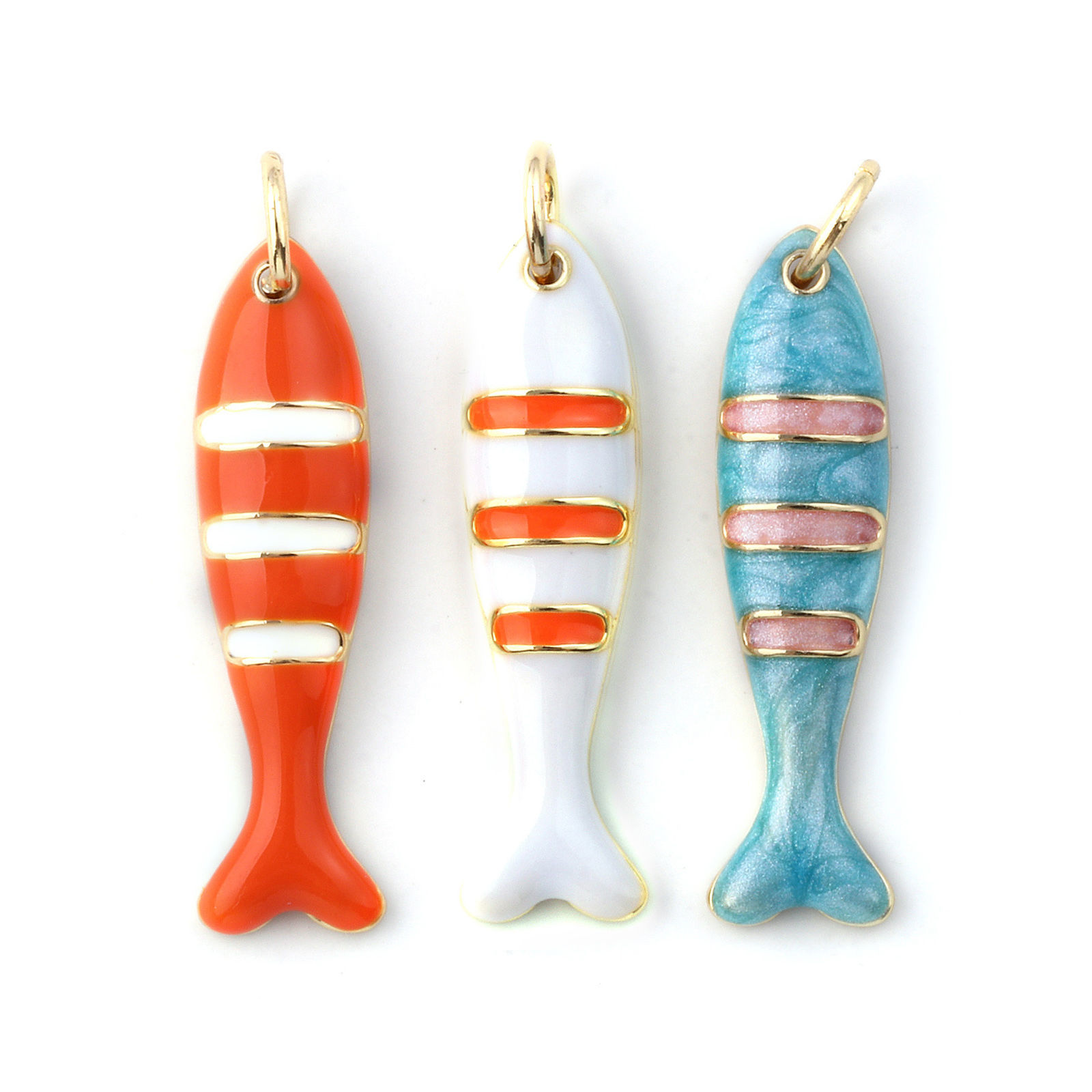 Picture of Eco-friendly Brass Charms 18K Real Gold Plated Enamel Fish Animal Stripe 27mm x 6.5mm