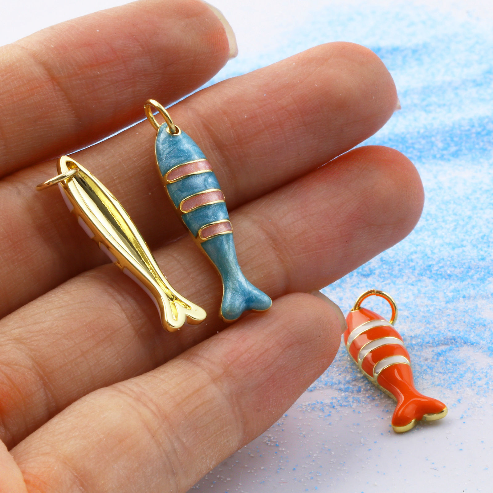 Picture of Eco-friendly Brass Charms 18K Real Gold Plated Enamel Fish Animal Stripe 27mm x 6.5mm