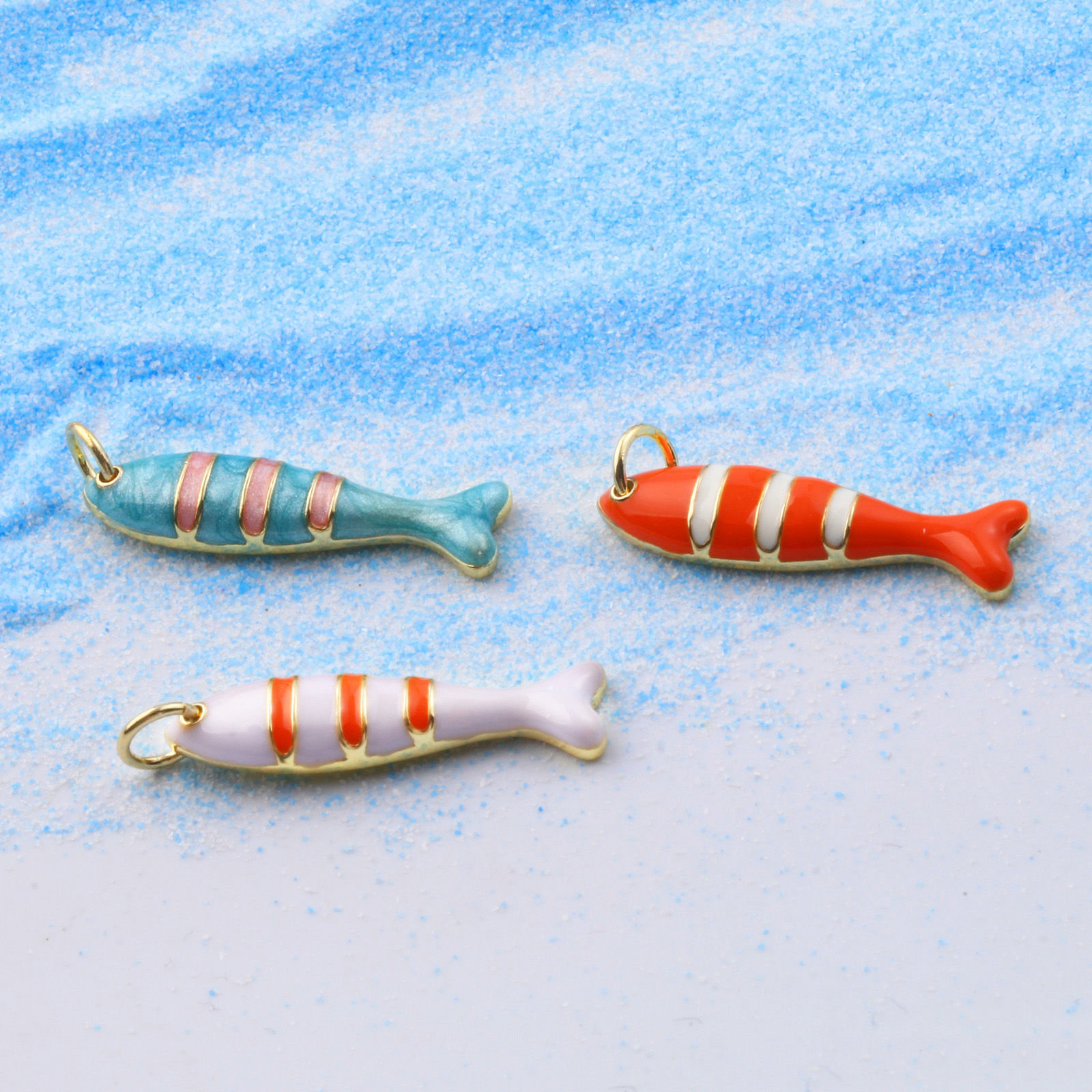 Picture of Eco-friendly Brass Charms 18K Real Gold Plated Enamel Fish Animal Stripe 27mm x 6.5mm