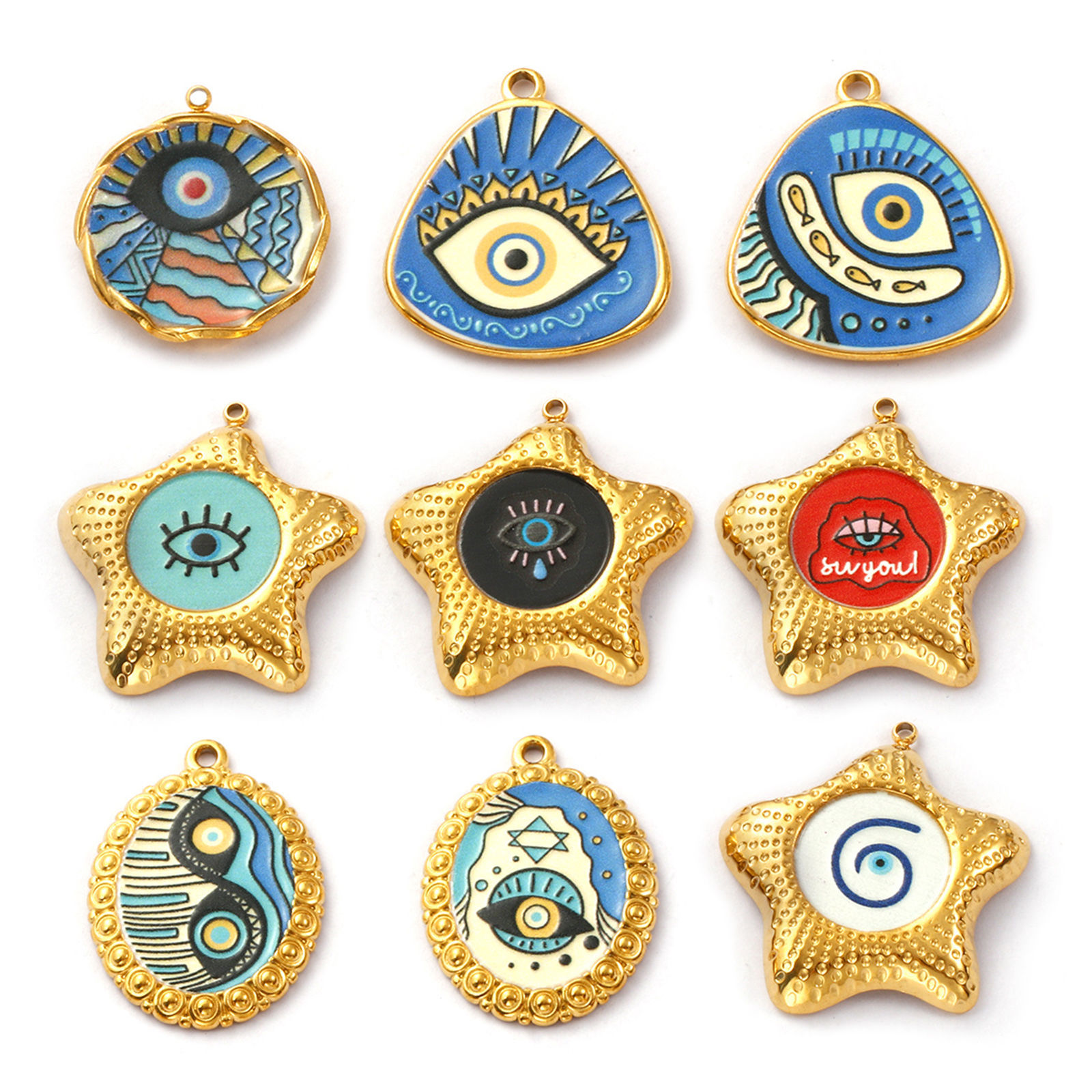 Picture of Eco-friendly PVD Vacuum Plating 304 Stainless Steel Religious Charms 18K Real Gold Plated Enamel Evil Eye