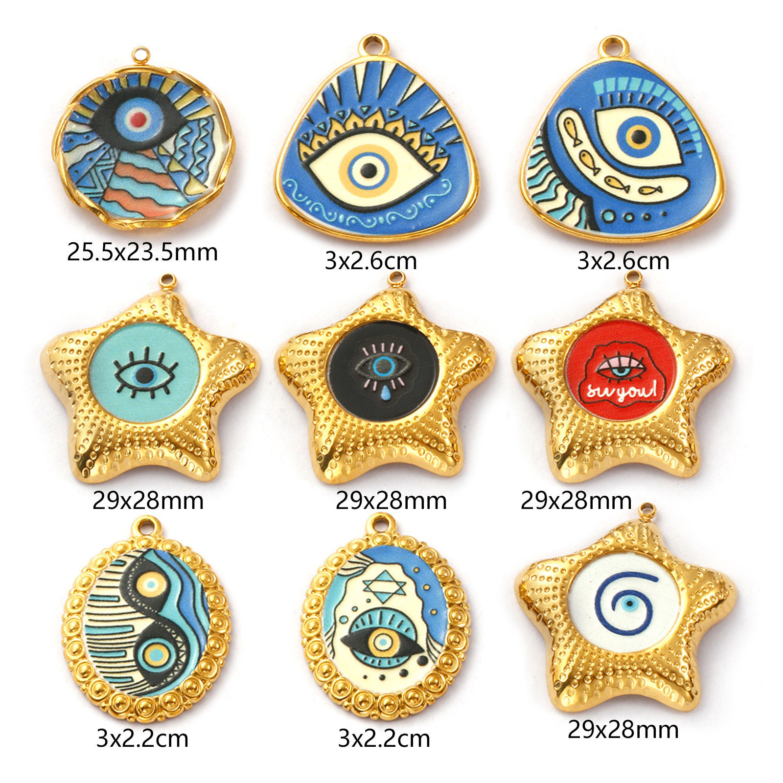 Picture of Eco-friendly PVD Vacuum Plating 304 Stainless Steel Religious Charms 18K Real Gold Plated Enamel Evil Eye