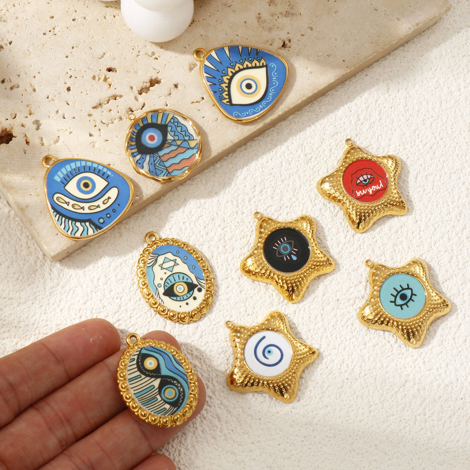 Picture of Eco-friendly PVD Vacuum Plating 304 Stainless Steel Religious Charms 18K Real Gold Plated Enamel Evil Eye