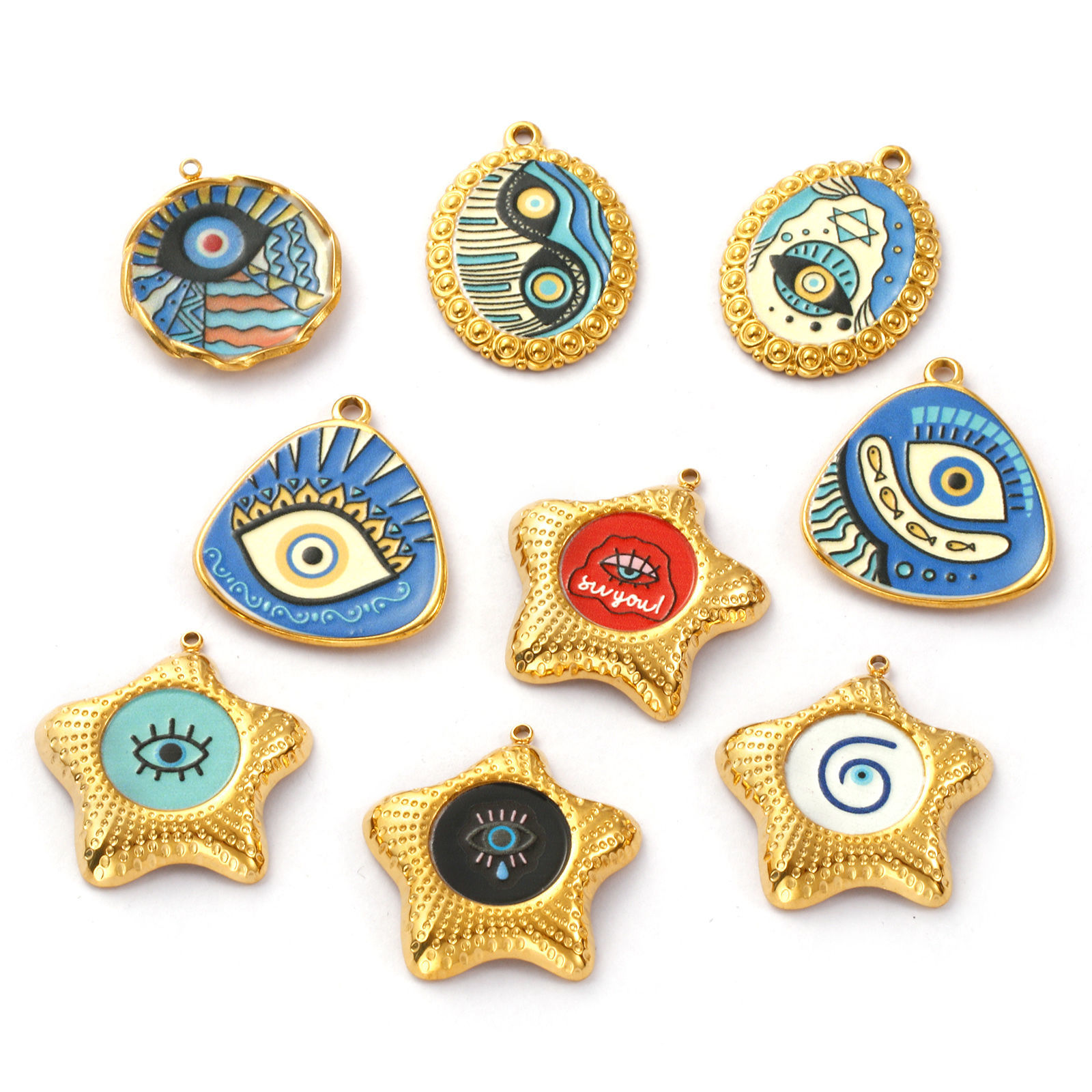 Picture of Eco-friendly PVD Vacuum Plating 304 Stainless Steel Religious Charms 18K Real Gold Plated Enamel Evil Eye