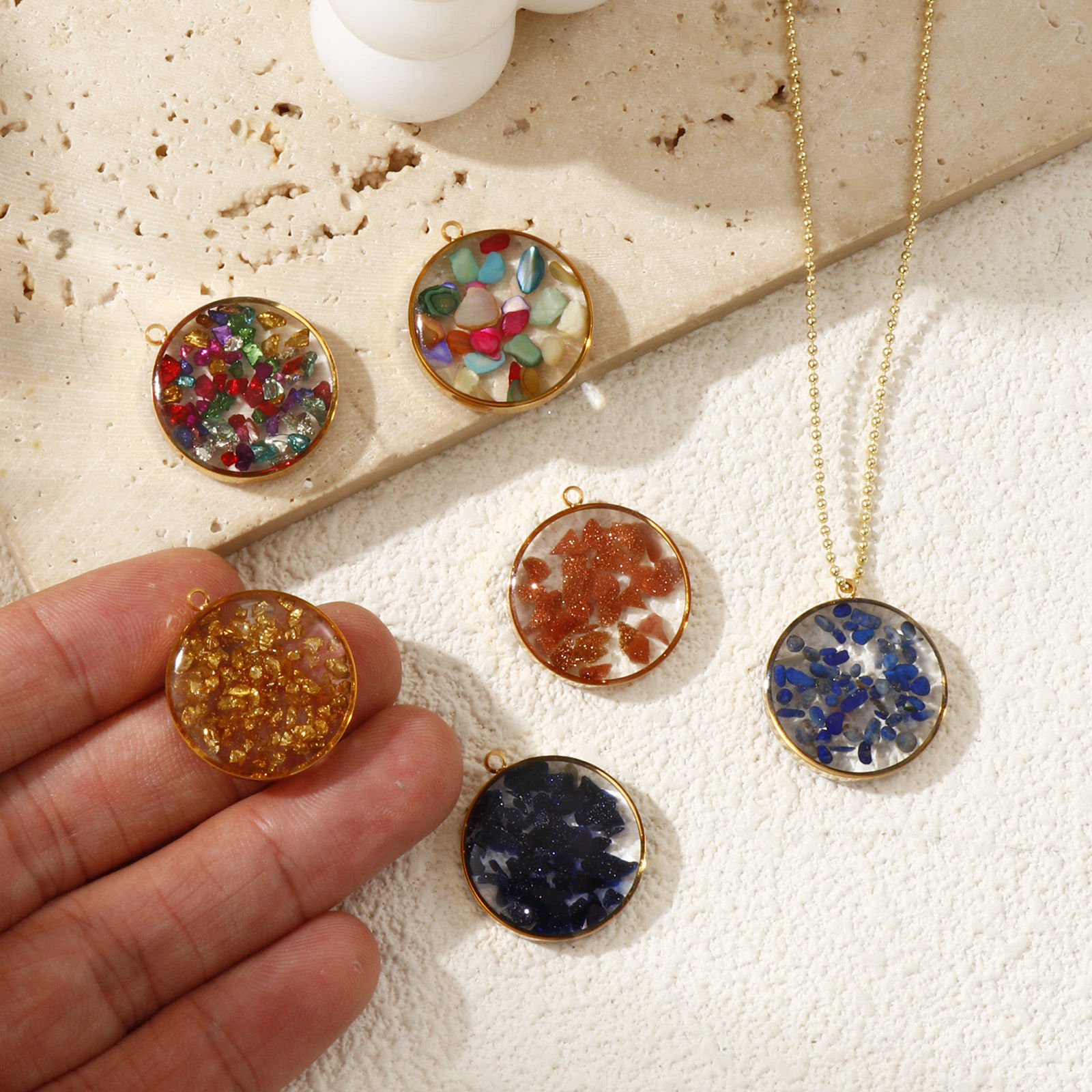 Bild von Umweltfreundliche PVD-Vakuumbeschichtung 304 Edelstahl & Halbedelstein Charms 18K Echtgold plattiert Rund 22mm x 20mm