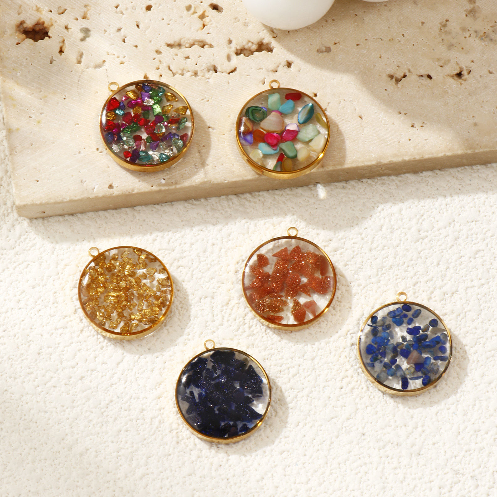 Bild von Umweltfreundliche PVD-Vakuumbeschichtung 304 Edelstahl & Halbedelstein Charms 18K Echtgold plattiert Rund 22mm x 20mm