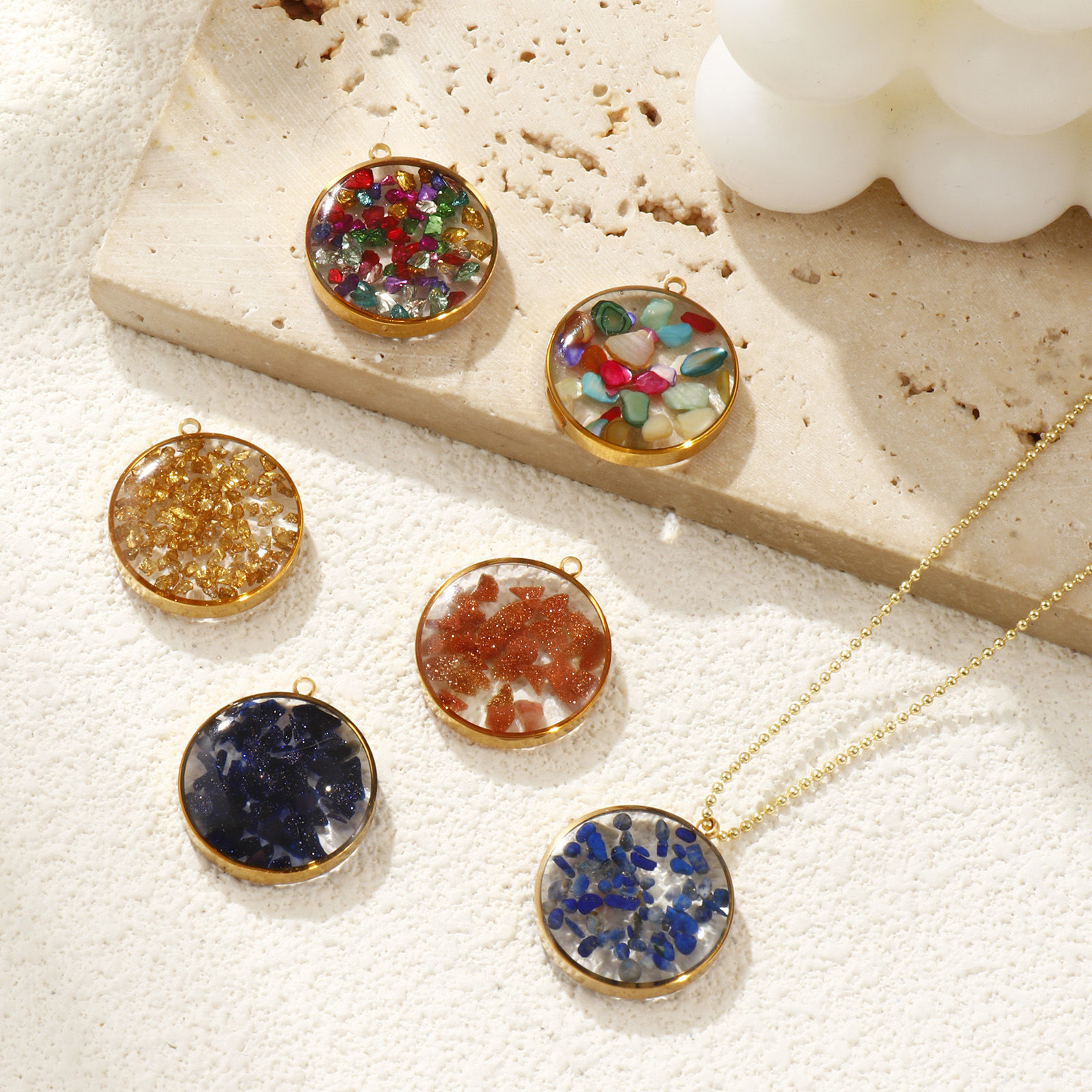 Bild von Umweltfreundliche PVD-Vakuumbeschichtung 304 Edelstahl & Halbedelstein Charms 18K Echtgold plattiert Rund 22mm x 20mm