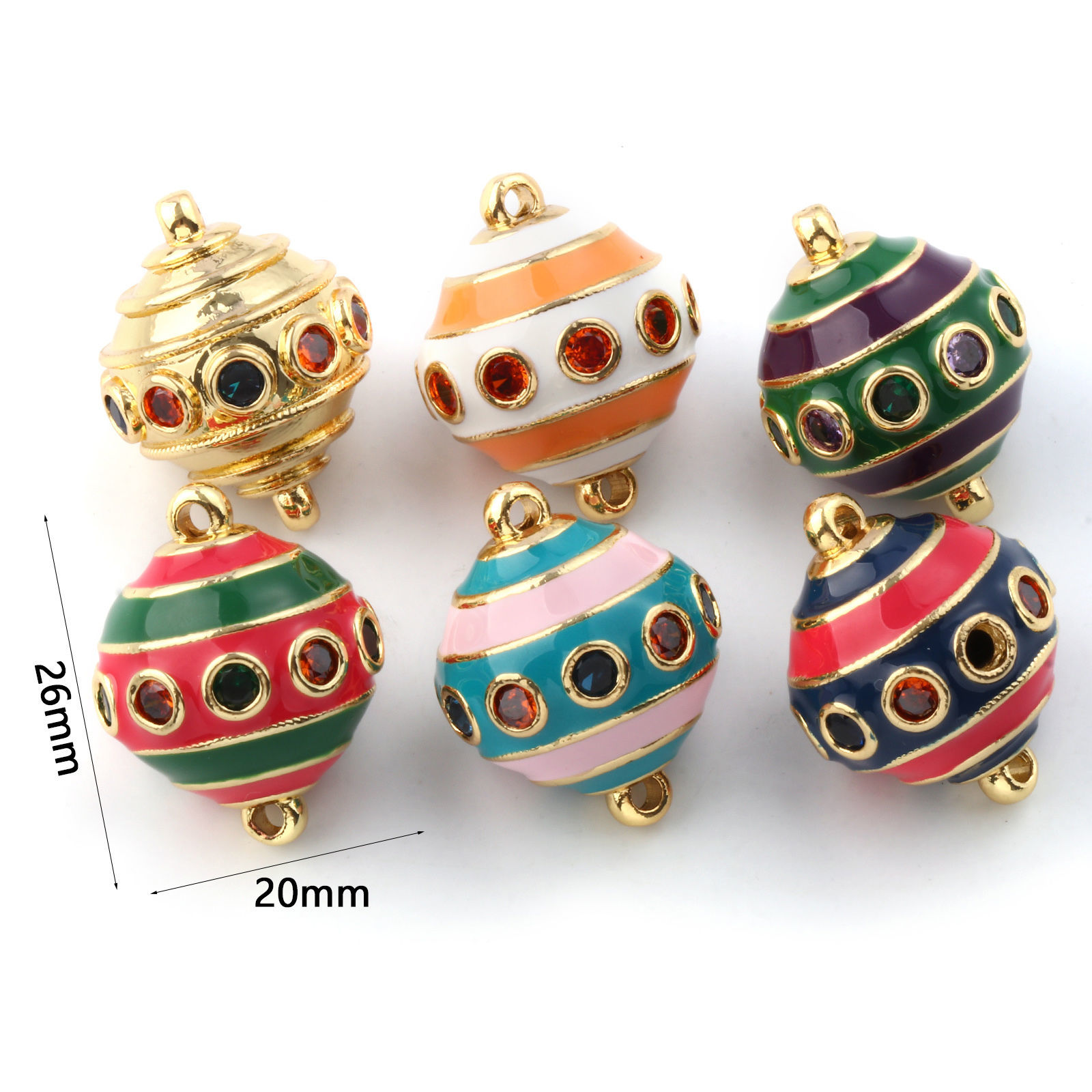 Изображение 1 ШТ Экологичный Латунь+ Искусственный Циркон Соединители Подвески Подвески 18K настоящее золото с покрытием С Эмалью Cфера С Полосами 26мм x 20мм