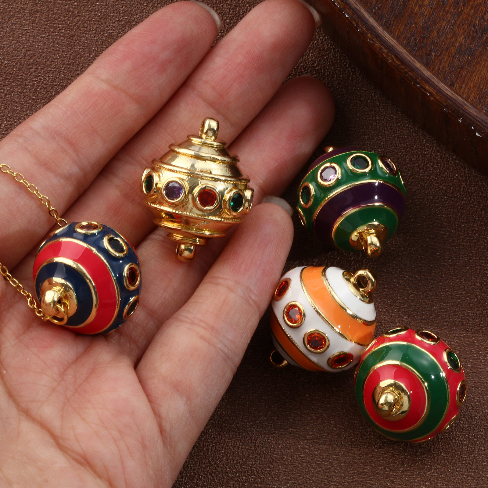 Изображение 1 ШТ Экологичный Латунь+ Искусственный Циркон Соединители Подвески Подвески 18K настоящее золото с покрытием С Эмалью Cфера С Полосами 26мм x 20мм