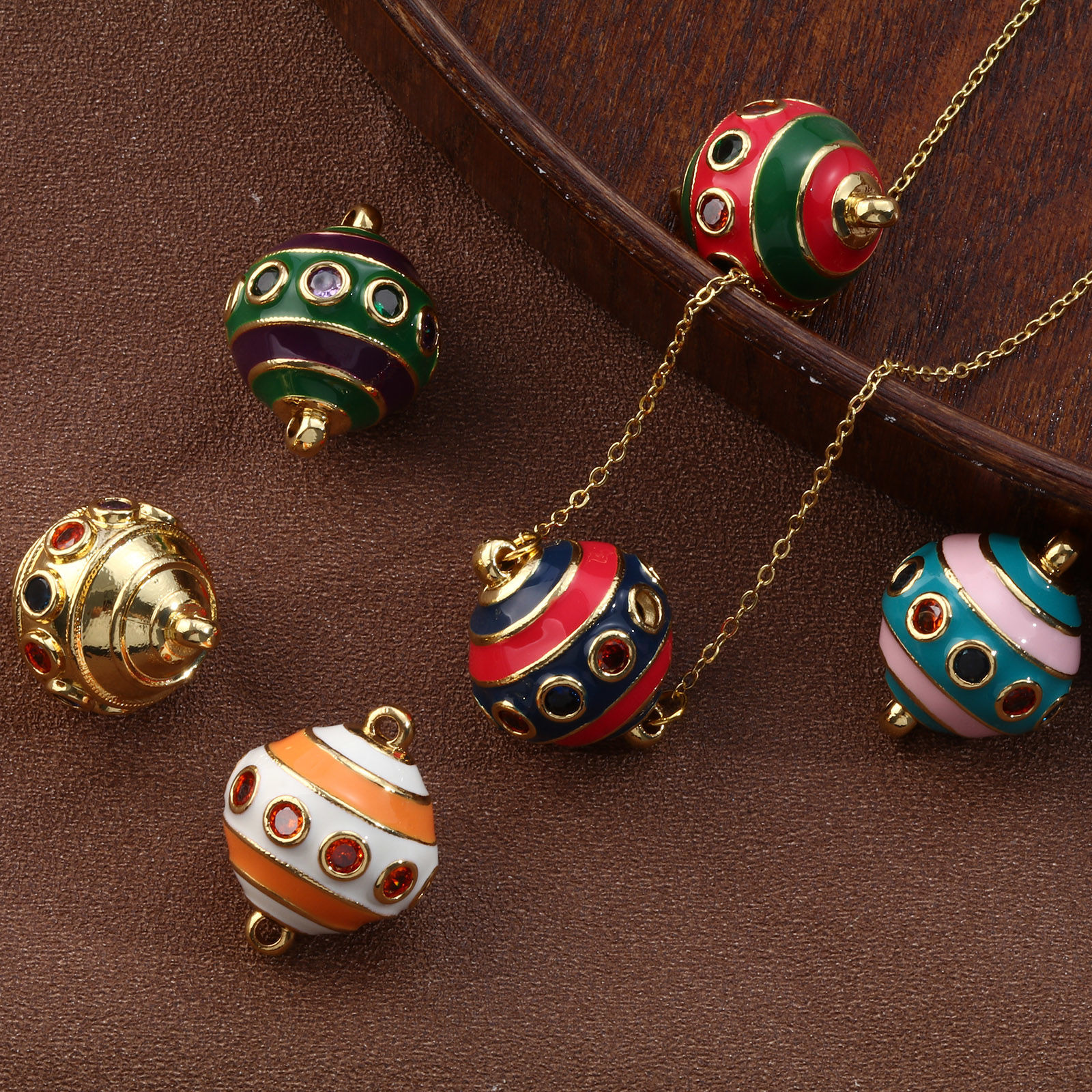 Изображение 1 ШТ Экологичный Латунь+ Искусственный Циркон Соединители Подвески Подвески 18K настоящее золото с покрытием С Эмалью Cфера С Полосами 26мм x 20мм