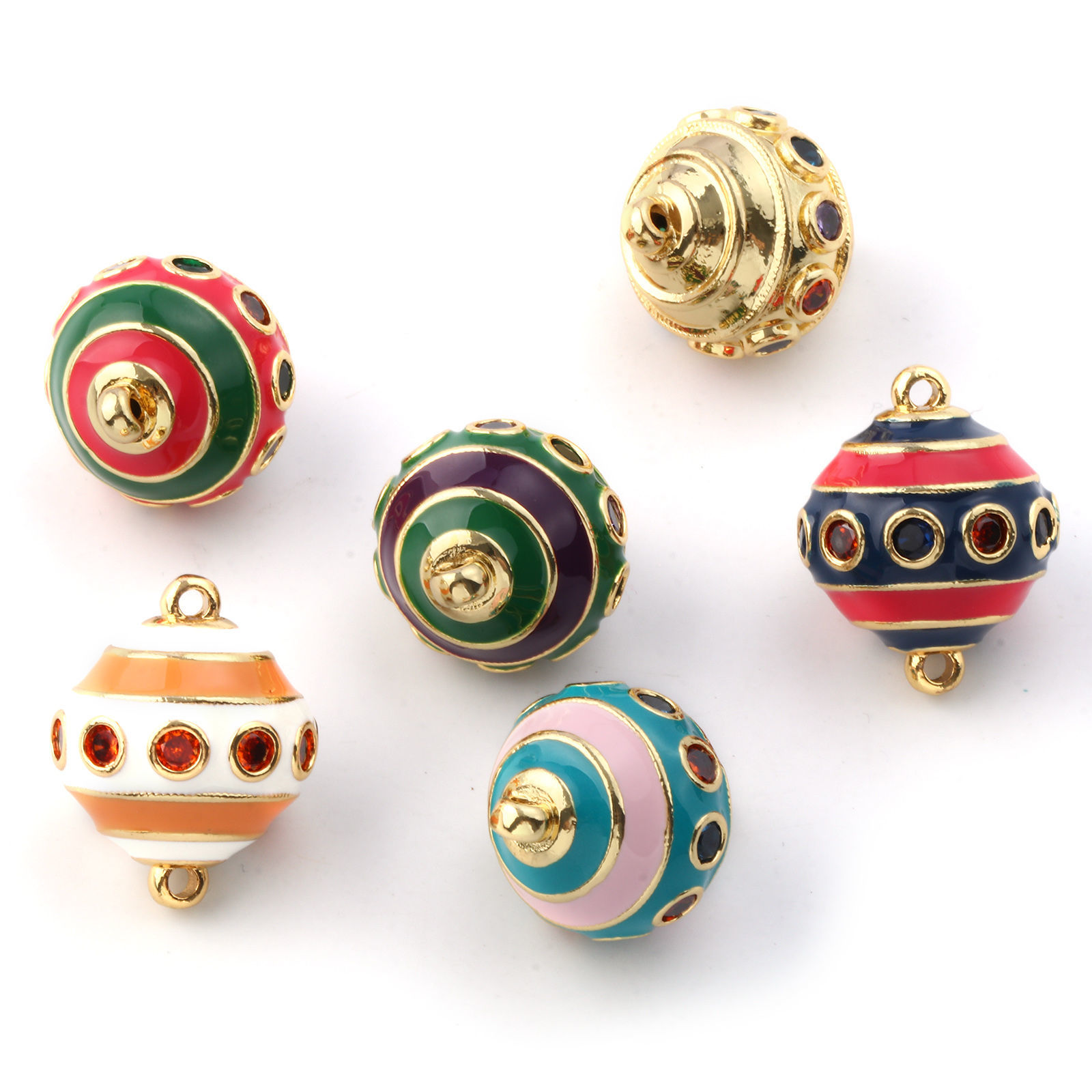 Изображение 1 ШТ Экологичный Латунь+ Искусственный Циркон Соединители Подвески Подвески 18K настоящее золото с покрытием С Эмалью Cфера С Полосами 26мм x 20мм