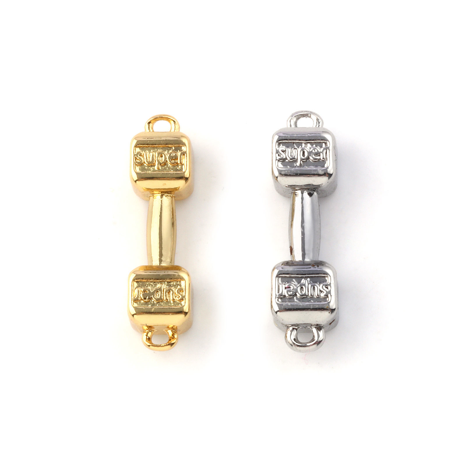 Bild von Umweltfreundlich Messing Sport Steckverbinder Charms Anhänger Echtgold plattiert Hantel Message " Super " 3D 19.5mm x 5mm