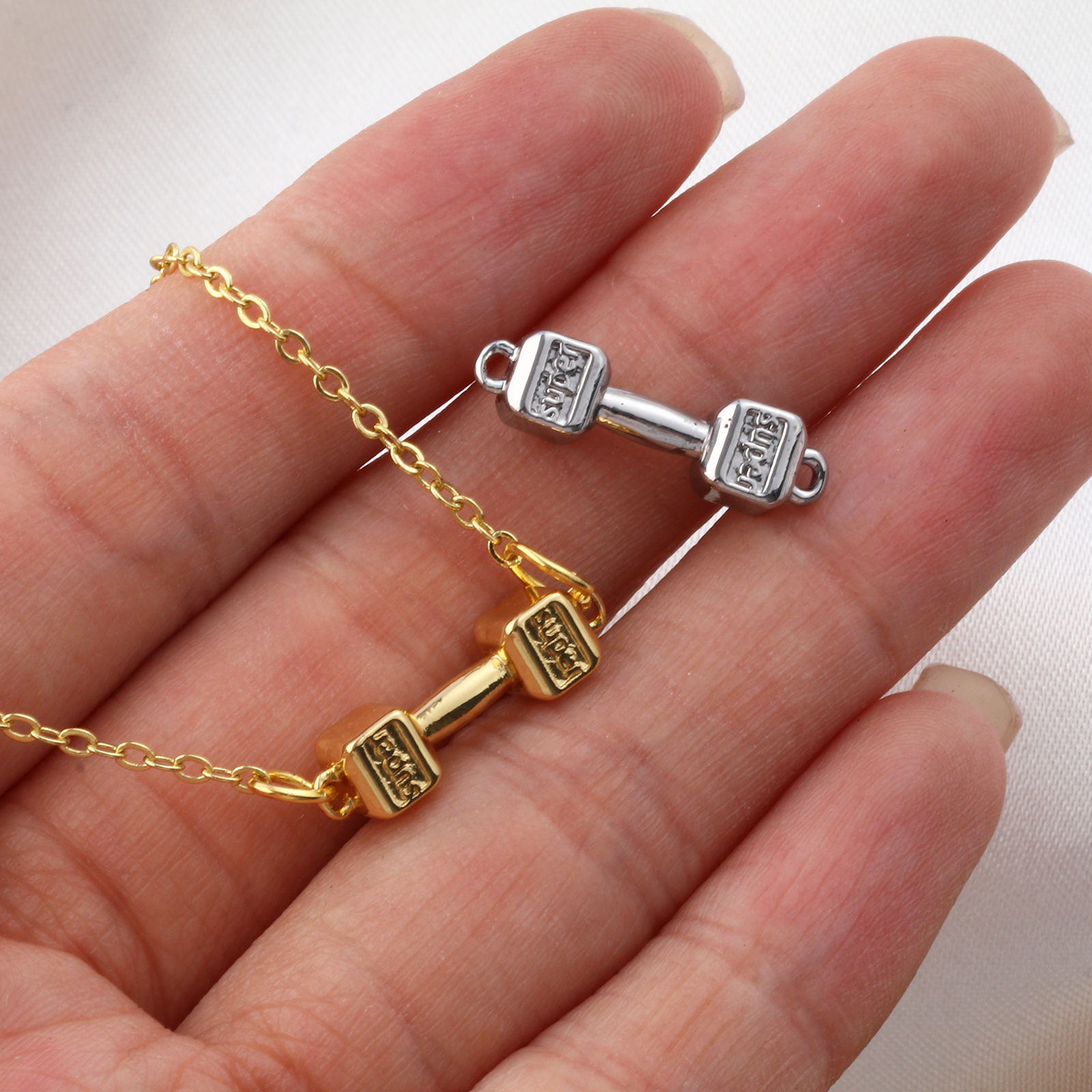 Bild von Umweltfreundlich Messing Sport Steckverbinder Charms Anhänger Echtgold plattiert Hantel Message " Super " 3D 19.5mm x 5mm