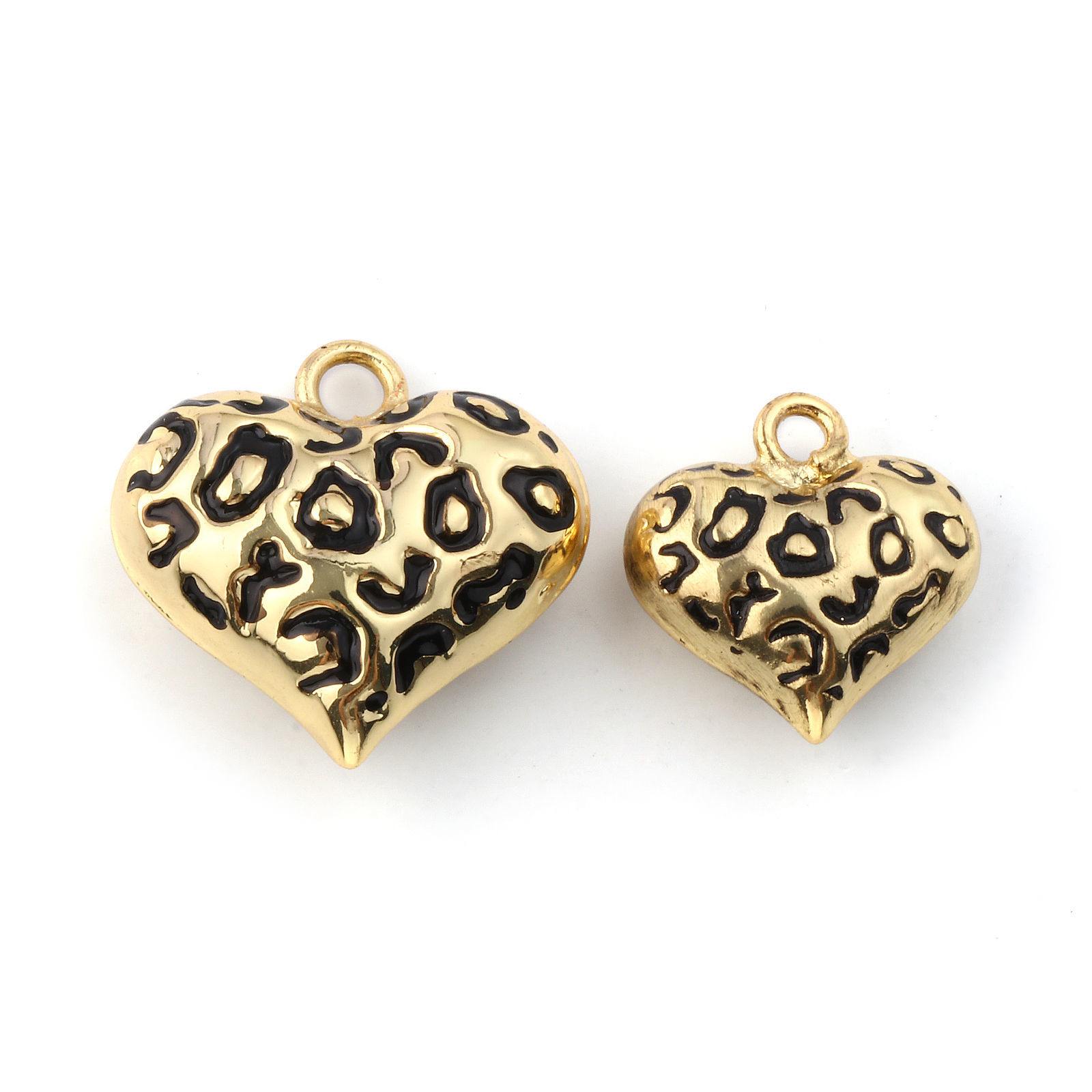 Picture of Eco-friendly Brass Valentine's Day Charms 18K Real Gold Plated Black Enamel Heart Leopard Print 3D