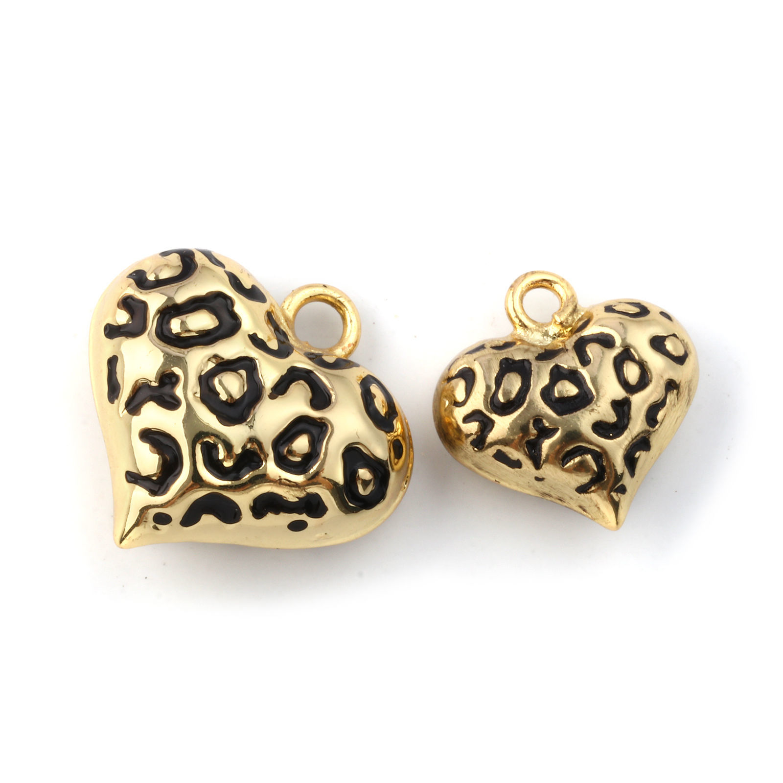 Picture of Eco-friendly Brass Valentine's Day Charms 18K Real Gold Plated Black Enamel Heart Leopard Print 3D