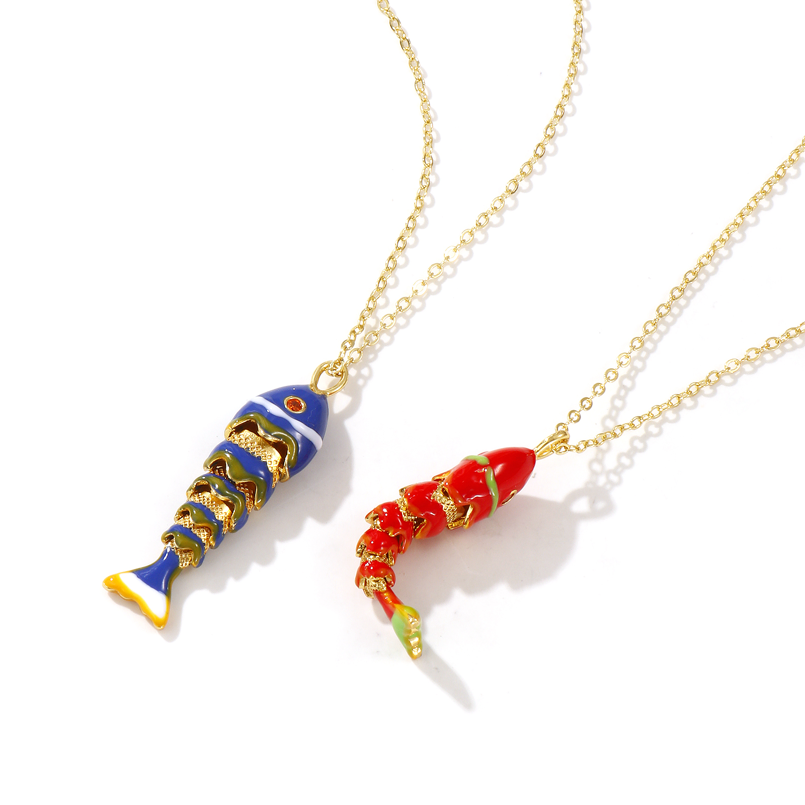 18Kリアルゴールドメッキ 小豆チェーン・あづきチェーン 魚 ペンダントネックレス、 真鍮+ジルコン 46cm + 6cm、 女性のため、 エナメル 3D 可動式、 ファッション おしゃれ 海ジュエリー プレゼント、 エコフレンドリー、 1 本 の画像