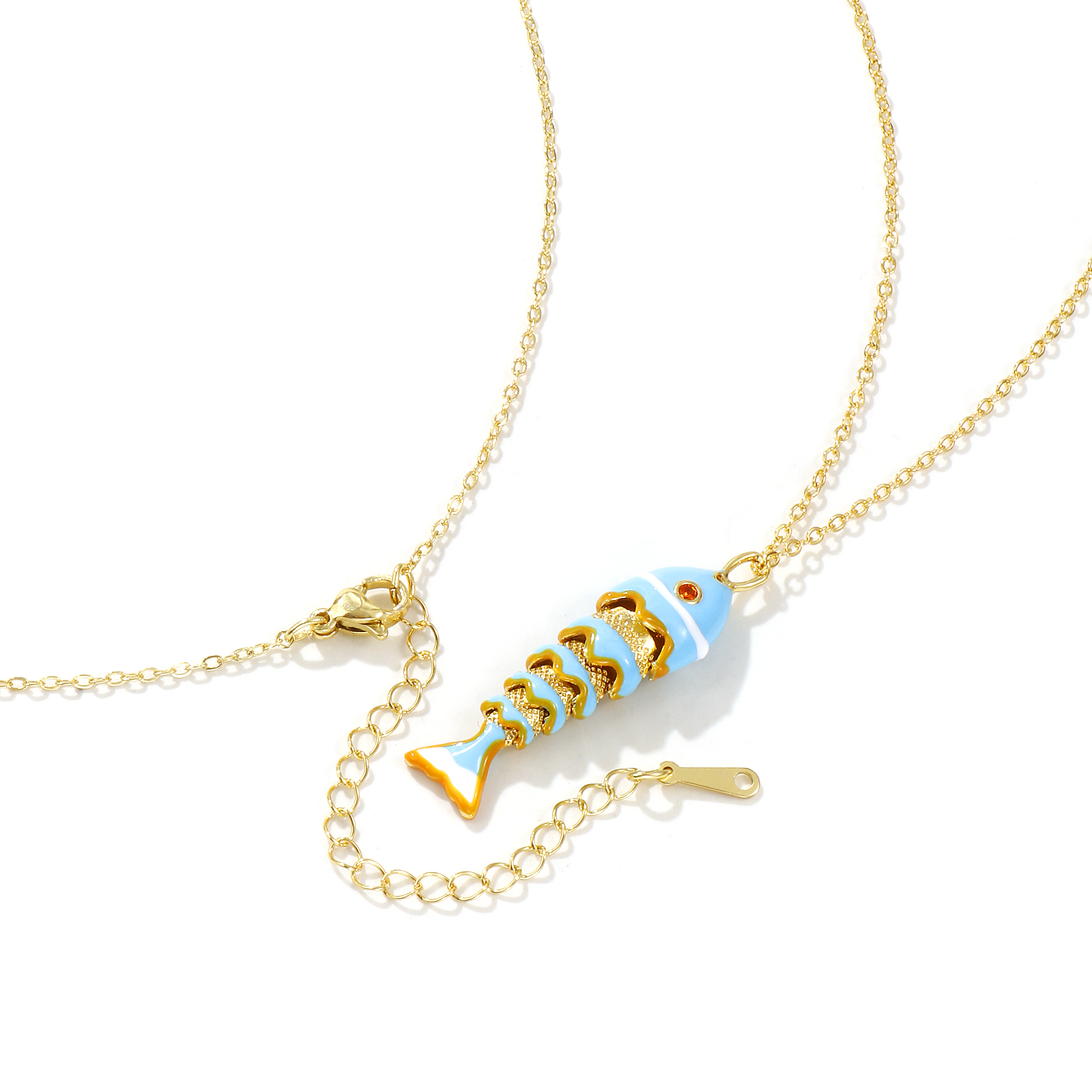 18Kリアルゴールドメッキ 小豆チェーン・あづきチェーン 魚 ペンダントネックレス、 真鍮+ジルコン 46cm + 6cm、 女性のため、 エナメル 3D 可動式、 ファッション おしゃれ 海ジュエリー プレゼント、 エコフレンドリー、 1 本 の画像