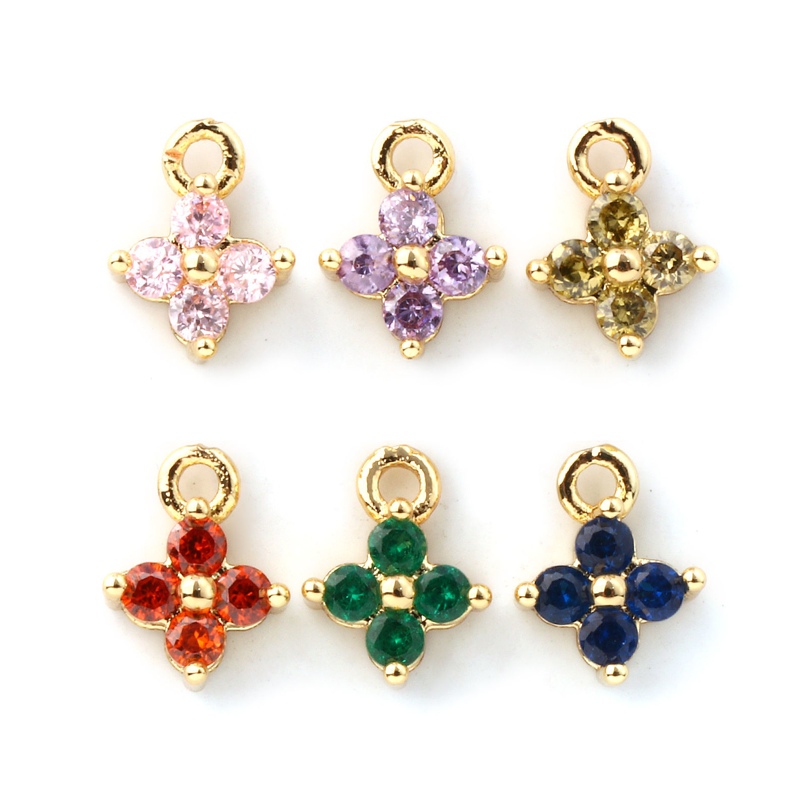 Picture of Brass & Cubic Zirconia Mini Charms 18K Gold Plated Flower Micro Pave 8mm x 6mm