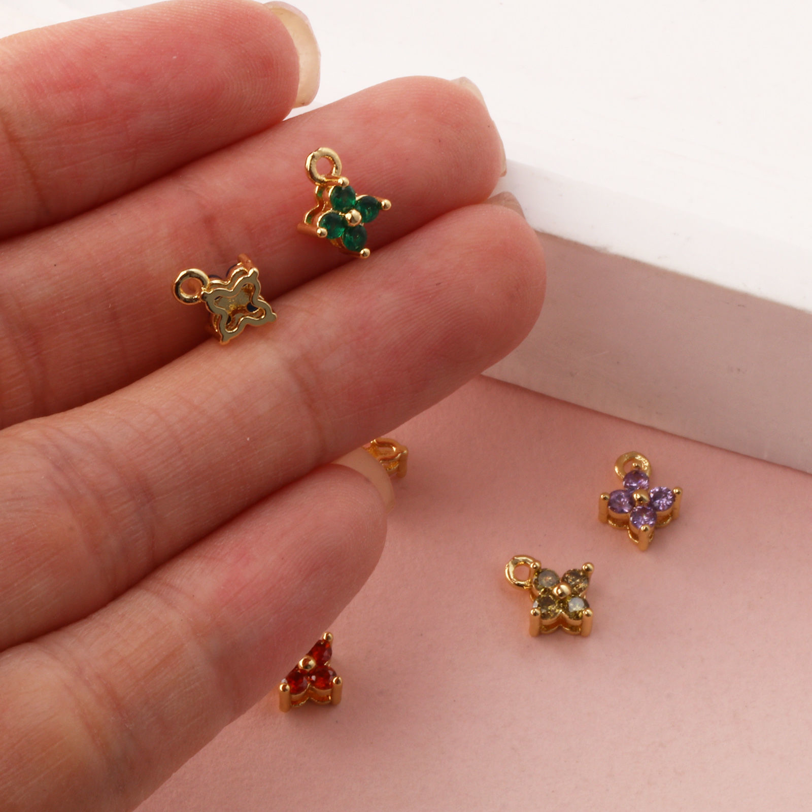 Picture of Brass & Cubic Zirconia Mini Charms 18K Gold Plated Flower Micro Pave 8mm x 6mm